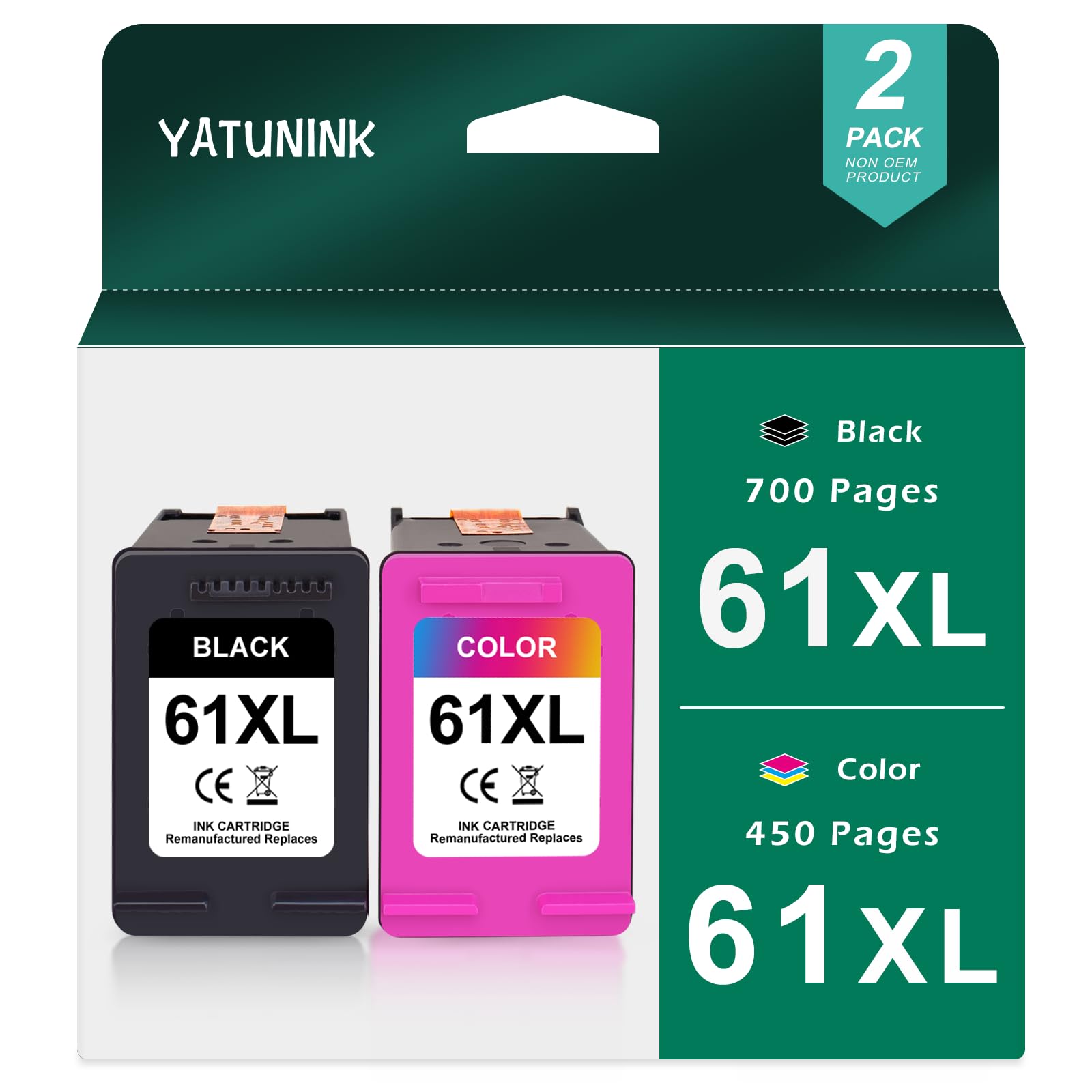 YATUNINK61XL Ink Cartridge Combo Pack Compatible for HP 61 HP 61XL HP Ink 61 Printer Ink HP 61 Works with HP Envy 4500 4502 5530 5534 Deskjet 1000 1010 2540 3510 Officejet 4630 4635 Printer (2PK)