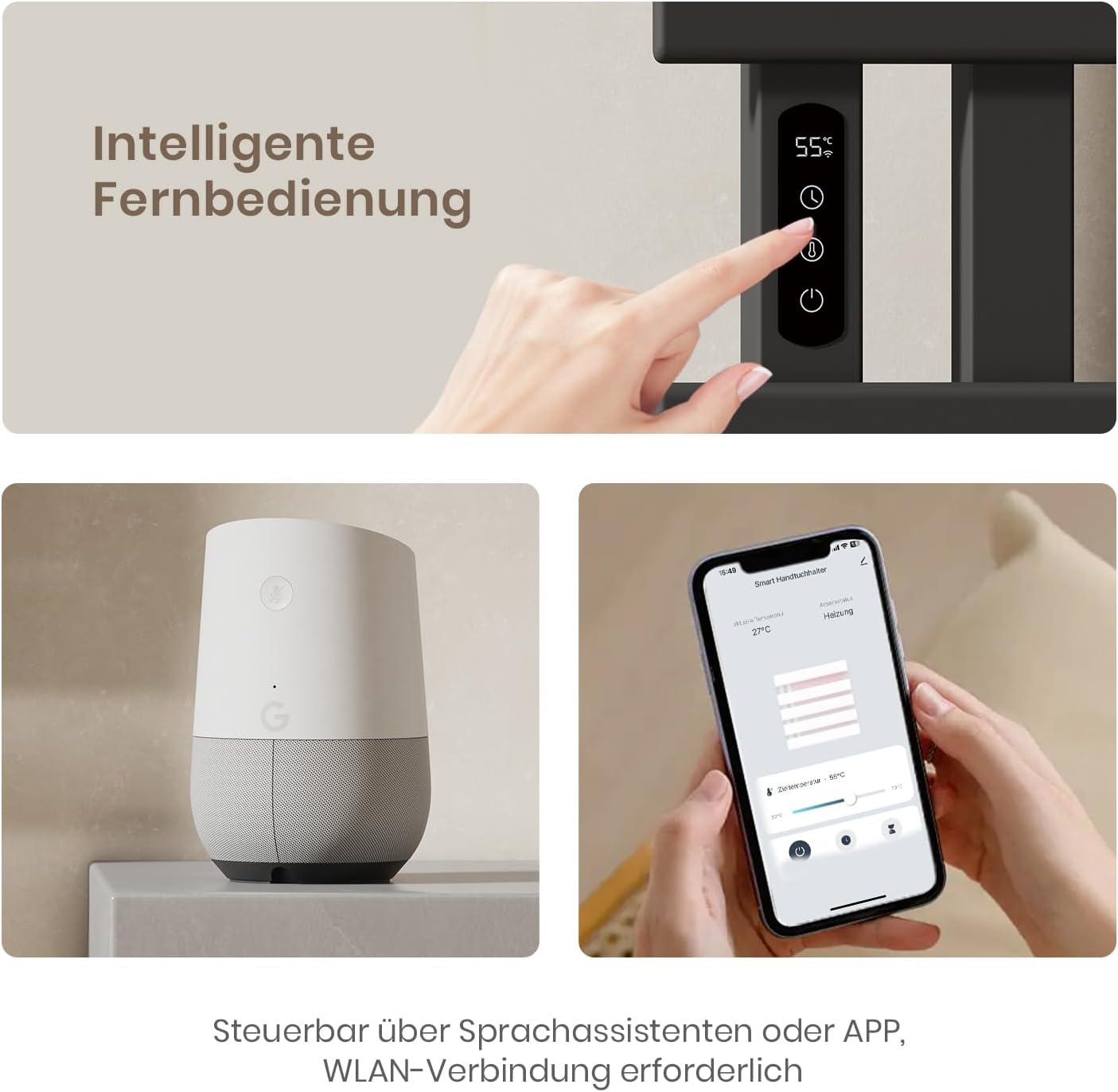 Image showing a hand interacting with the towel warmer's control panel, alongside a Google Home device and a smartphone displaying the control app, illustrating smart control options.