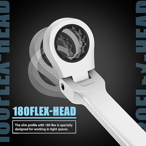 Miniatura 4 de LOSCHEN Juego de 17 llaves de trinquete métricas extralargas de cabeza flexible de doble caja con 72 dientes, llave de trinquete de tubo de acero al