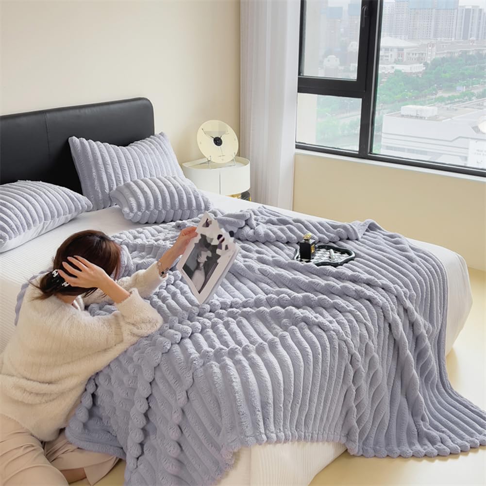 Fleece Blanket - Sofa Throw, Fluffy Soft Cosy Microfiber Warm Rabbit Plush Flannel Striped Jacquard Reversible Blanket Easy Care, for Audlts, Armchairs Couch, Double Twin (Purple,150×200cm)