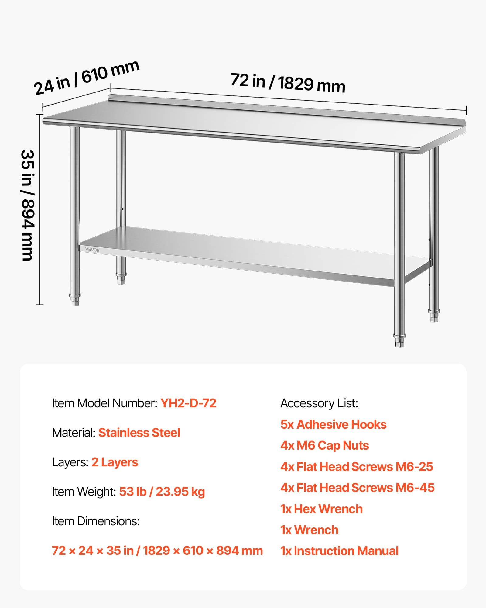 VEVOR Mesa de Trabajo de Acero Inoxidable 2 Niveles, Mesa de Preparación de Alimentos 182,9x61x89,4 cm, Estante Inferior Ajustable, Protector contra Salpicaduras, para Restaurantes, Bares, Hoteles