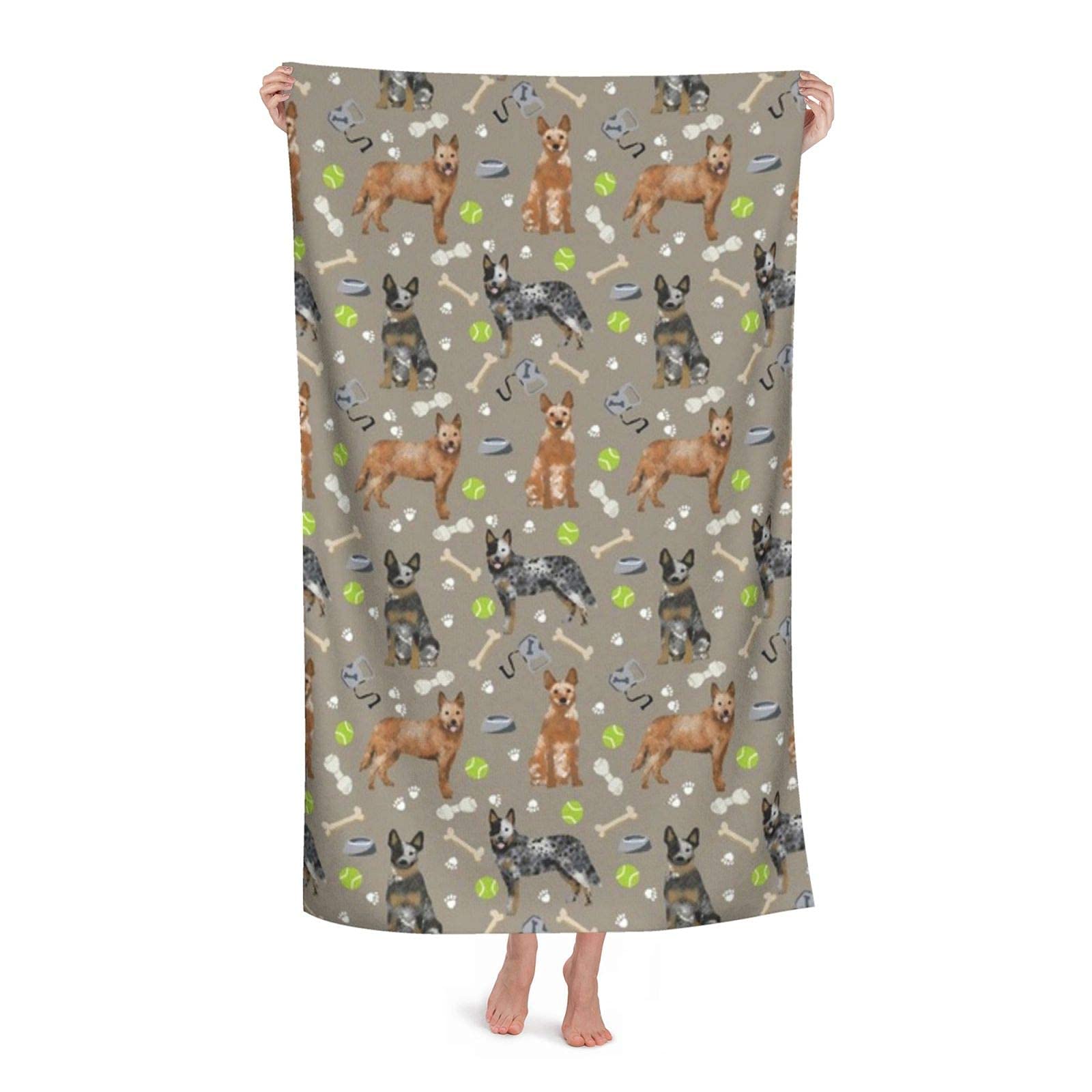LOUJIN Beach Towel Australian Cattle Dog Blue and Red Heelers and Toys Medium Brown Absorbent Microfiber Blanket Soft Bath Towels 80X130CM