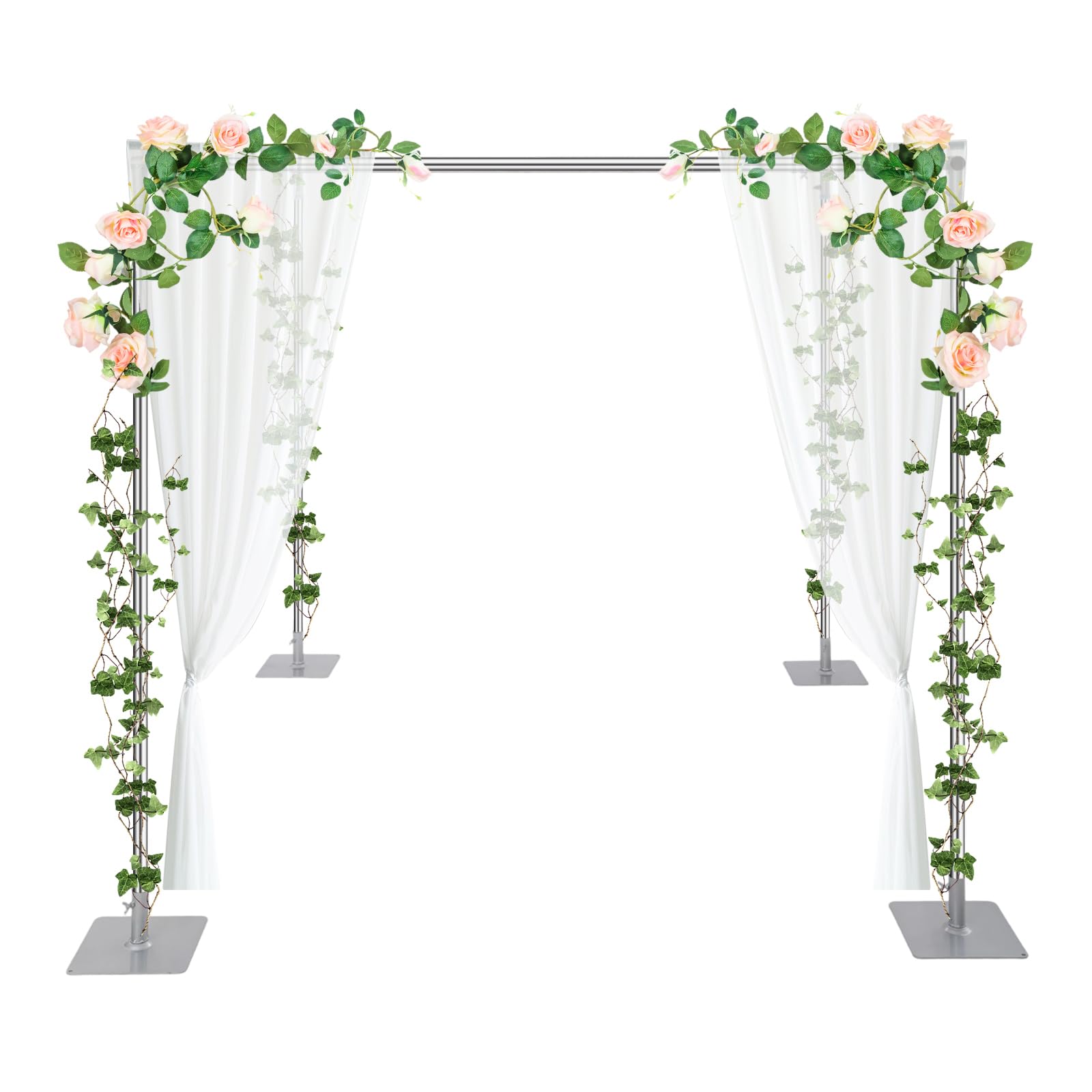 PLITEDDE Wedding Backdrop Stand 9.84x9.84ft Adjustable 4 Post Backdrop Stand Kit with 4.92-9.84 ft Adjustable Length or Height and Square Base for Wedding Birthday Party
