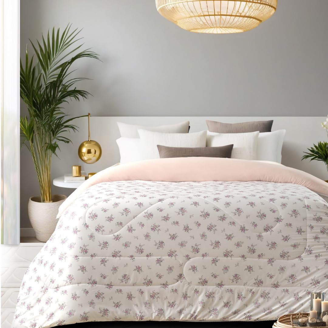 Homy Maria Summer Cool Hosiery Fabric AC Comforter with Lace Border, Single Bed, 160 x 230 cm, Floral Print, Ultra Light Microfibre (Single, White Base, Light Purple Flowers)-image-30