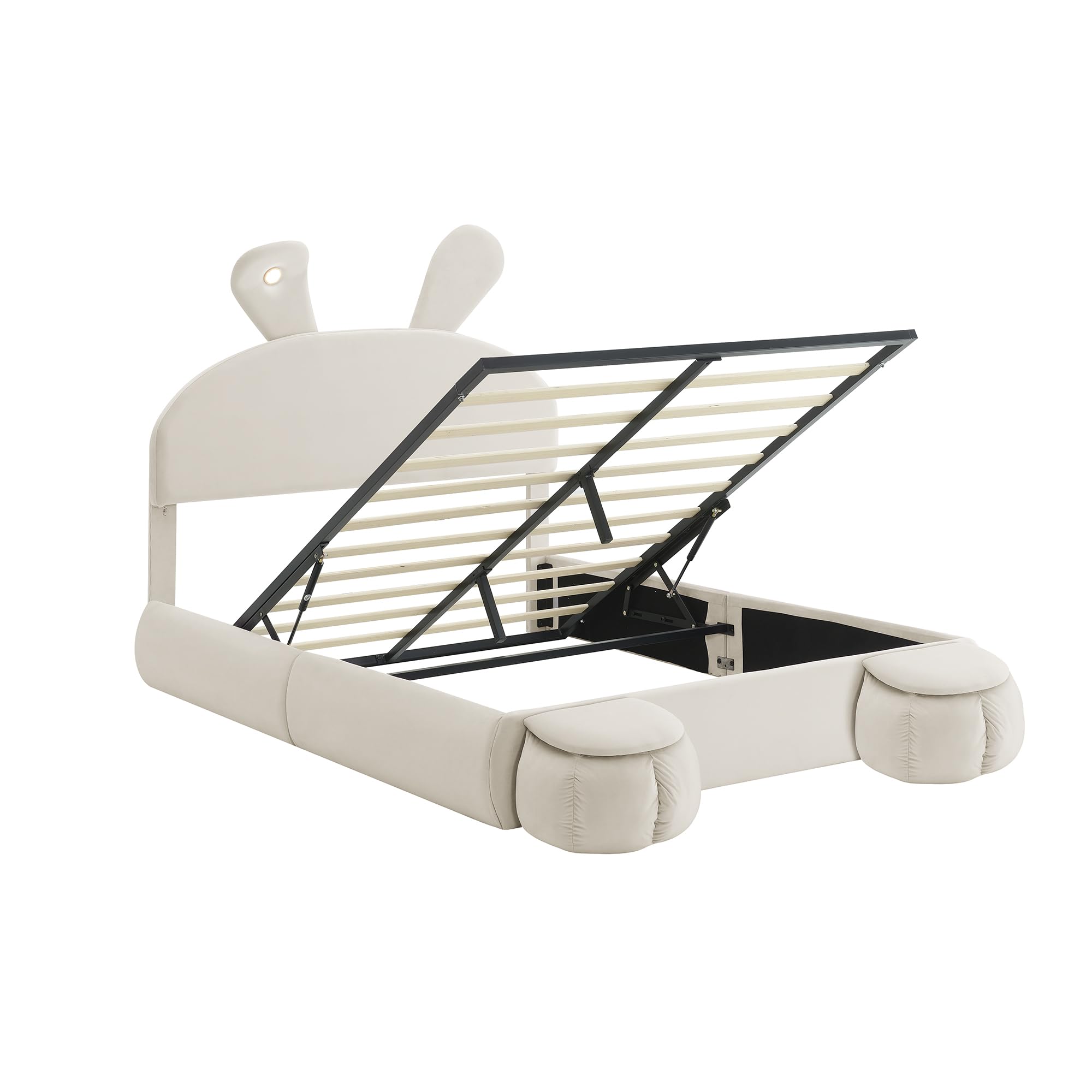 Polsterbett 140x200, Hydraulisch Stauraumbett mit 2 Aufbewahrungshockern und LED-Nachttischbeleuchtung, ausklappbare Hasenohren, LED Doppelbett mit Stauraum und Lattenrost, Samt, Beige, ohne Matratze