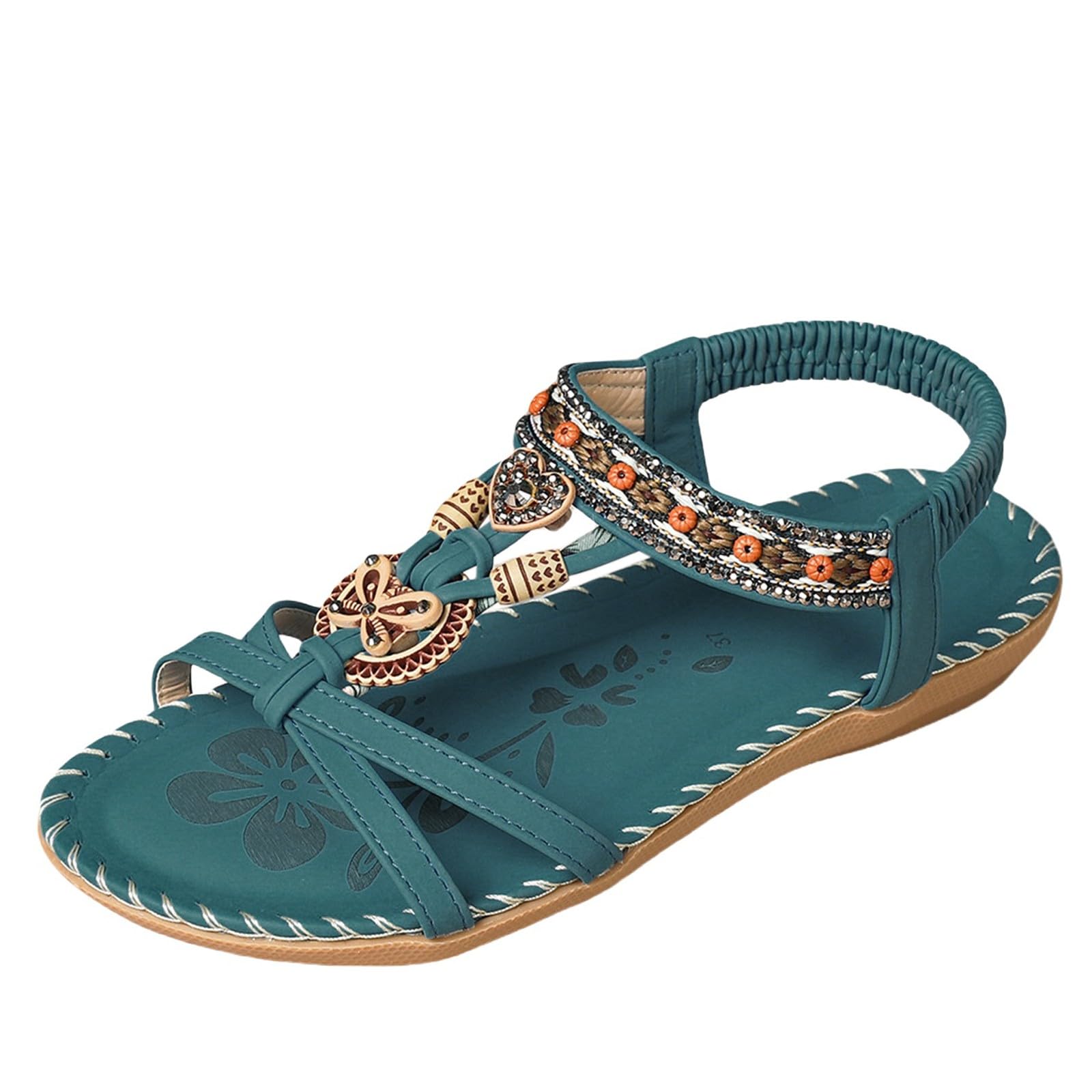 Womens Sandals Summer Bohemian Beaded Elastic Ankle Strap Sandal Comfortable Bohemian Non-Slip Wedge Shoes Casual Open Toe Walking Slides Beach Shoes for Seaside & Vacation