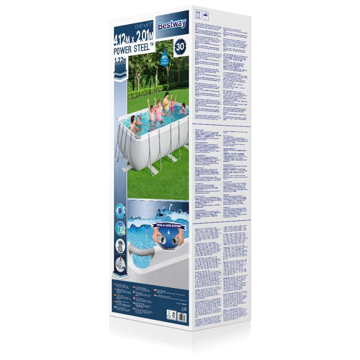 Bestway Power Steel Frame - Set per Piscina Quadrata, con Pompa Filtro a Cartuccia e Scala, 412 x 201 x 122 cm, Colore: Grigio