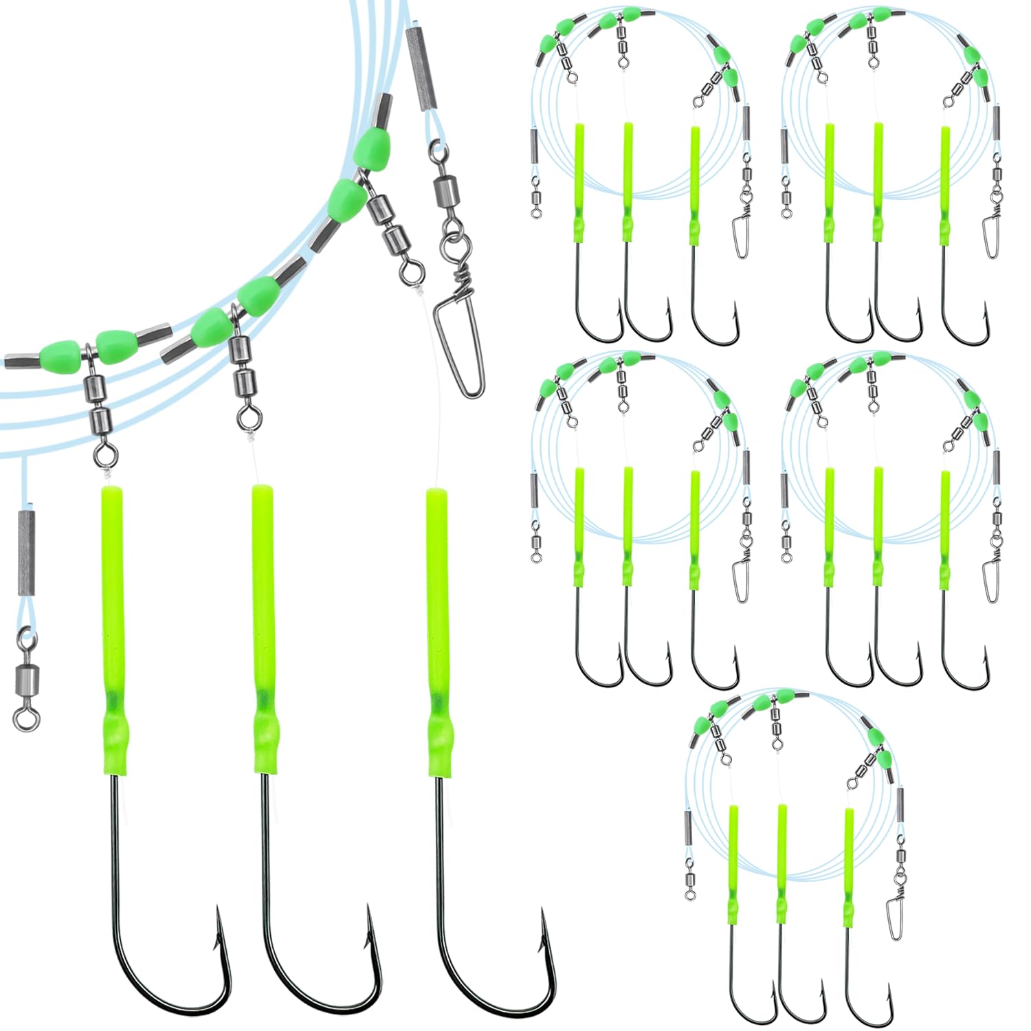 Narcissus 5PCS Sea Fishing Rigs, Pre-Tied Flapper with Size 1/0 & 2/0 Hooks, Anti-Tangle Snap, 1-3 Hooks, Gaps (45cm, 52cm, 80cm), Ready for Beach Fishing (5pcs- 3 hooks- size 2/0-45cm gap)