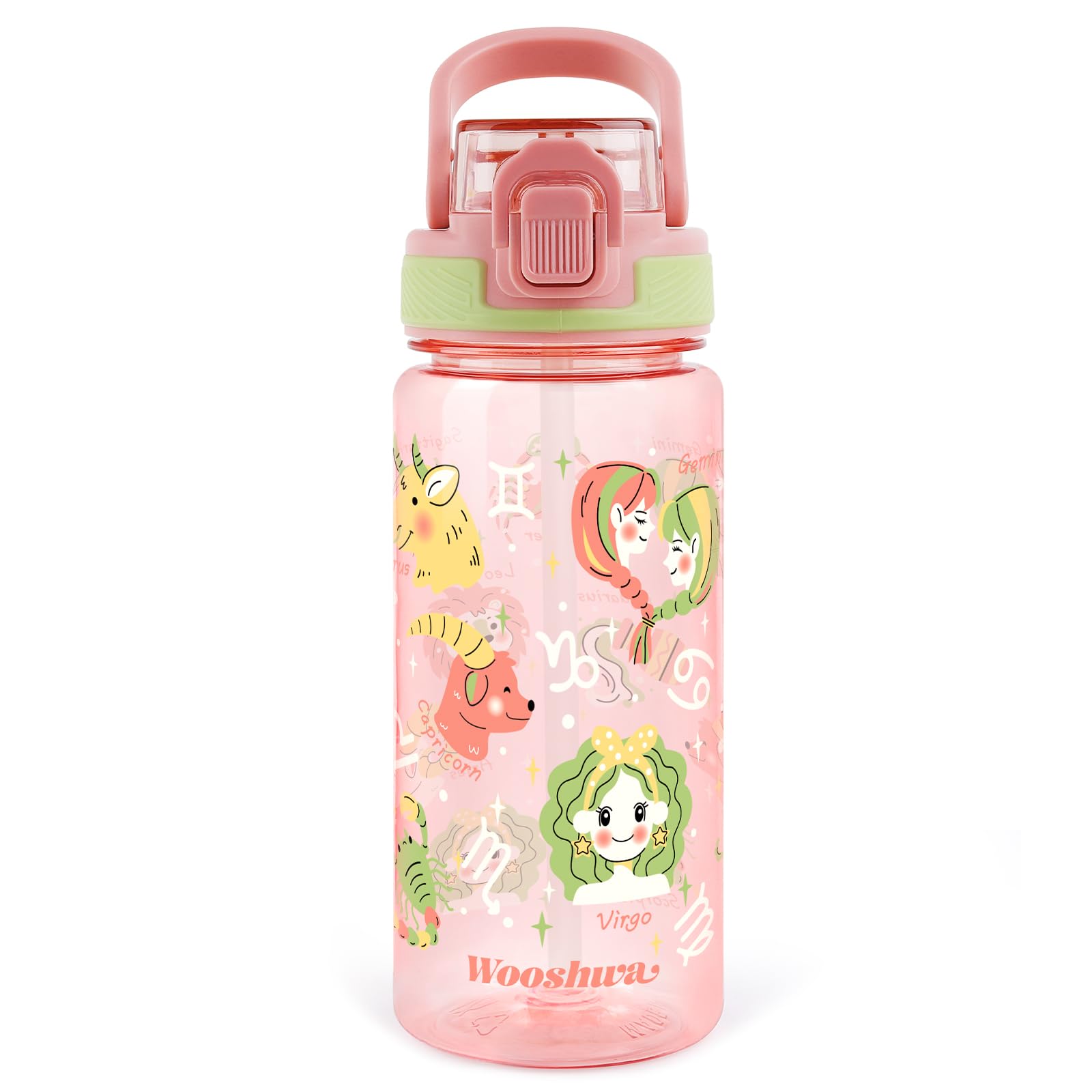 wooshwa Kids Water Bottle with Straw for School, 600ml/20 Oz Plastic Water Bottle with Silicone Spout and Pop-Up Cover, Leakproof & Dishwasher Safe (Zodiac Signs)