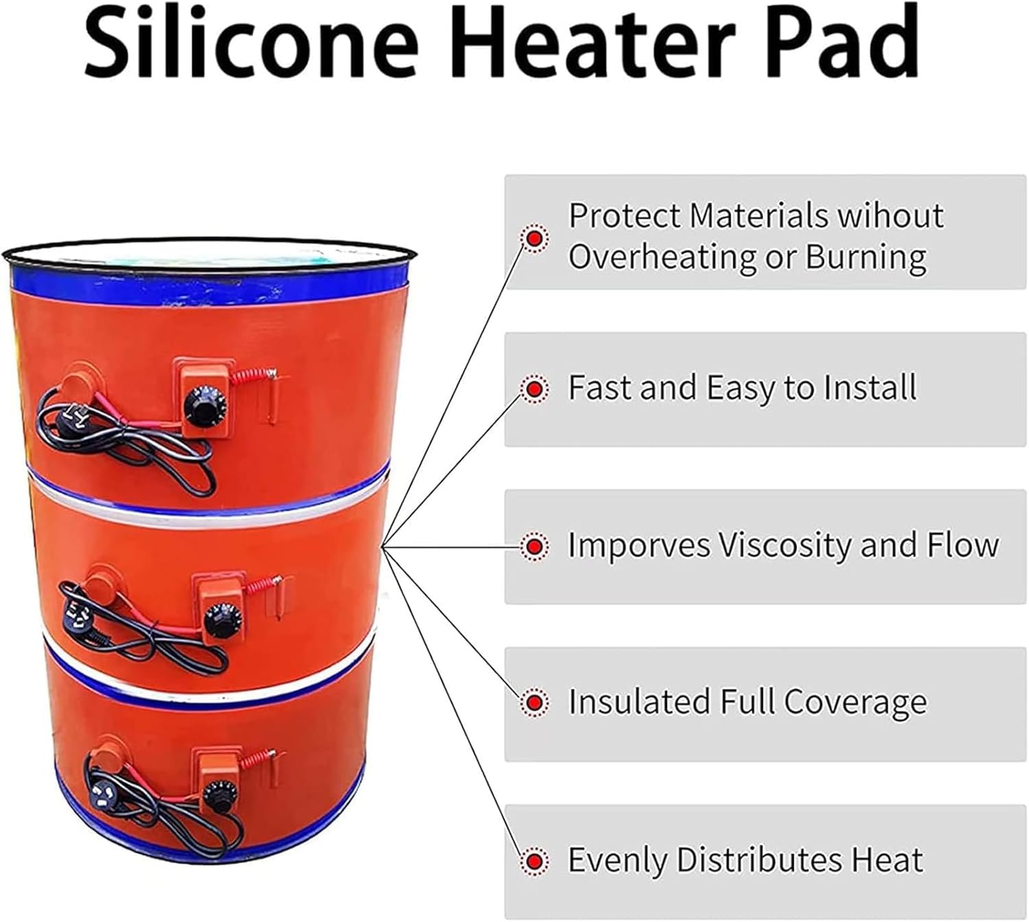 Calentador Eléctrico de Silicona con Termostato para Bidones, Protección Anticongelante para Tanques de Aceite, Válvulas y Tuberías, Grado Industrial, Cinta Impermeable de Alta Potencia