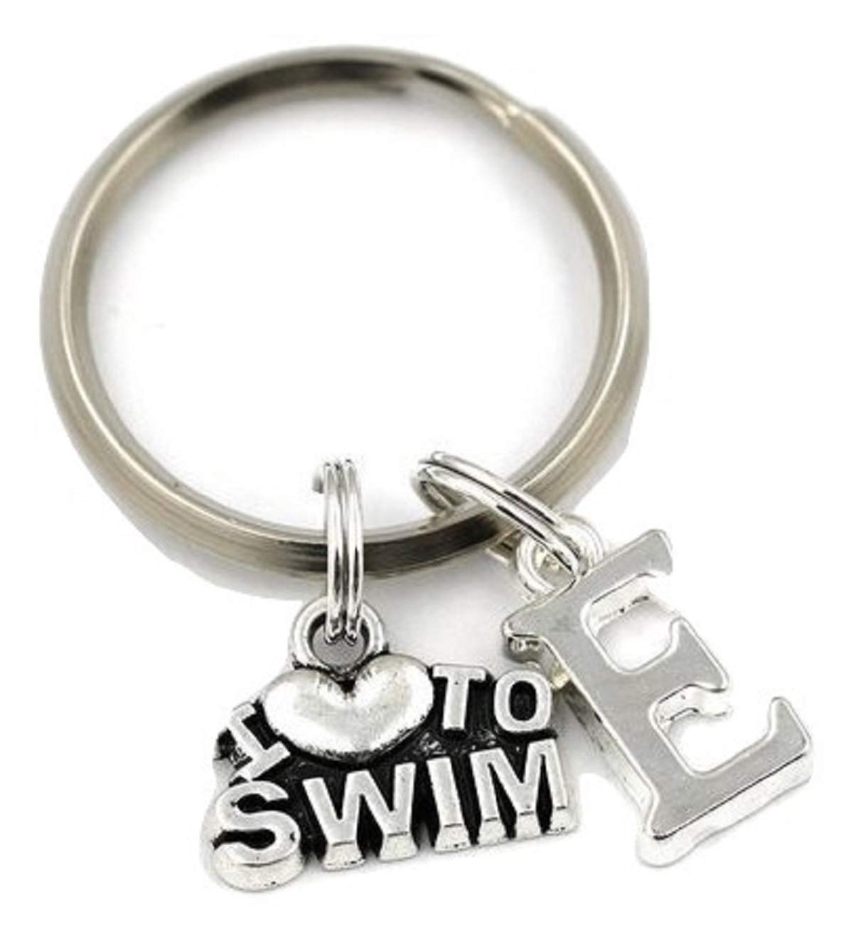 Silver Knight I Love to Swim Key Ring, Personalized Swimming Coach Keychain, Swimming Coach Keyring, Initial Keychain, Swimmer Gift, Swim Team Keychain in A Gorgeous Bag (E)