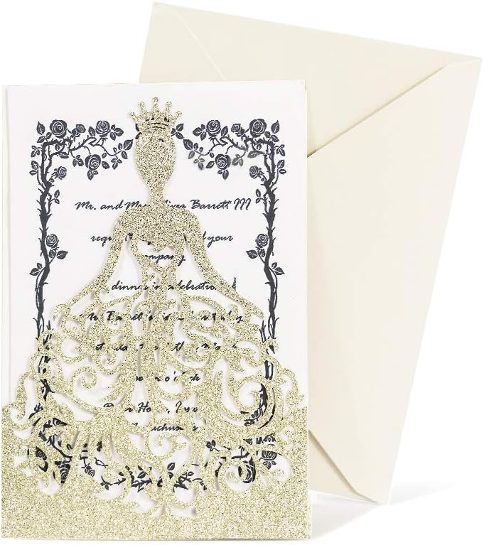 KAZIPA 25PCS Lacer Cut Wedding Invitations Card, Hollow Bride Invitations Cards for Sweet 16 Quinceñera Invitation Wedding Bridal Invitations Cards (Gold Glitter)