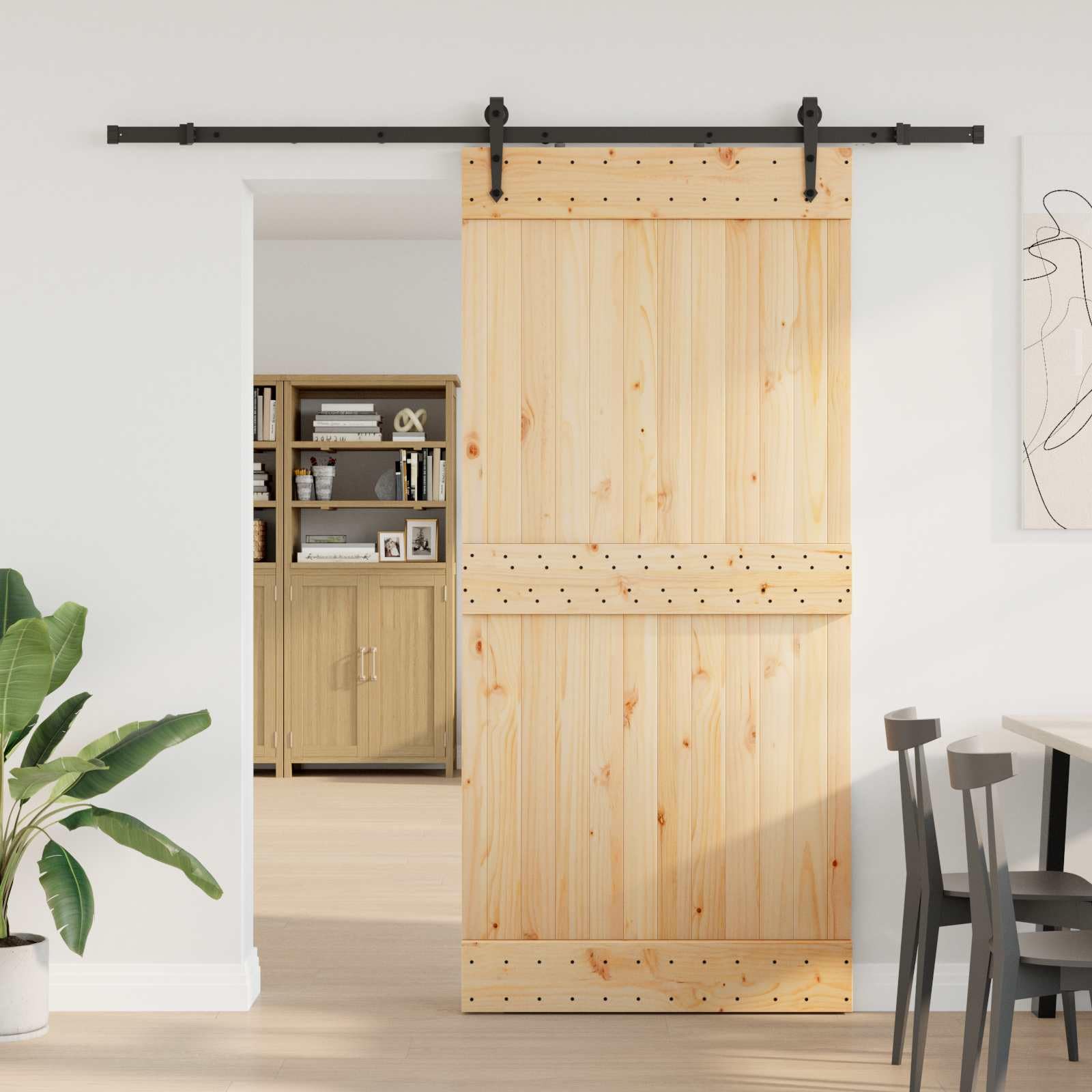 Puerta corredera NARVIK de madera maciza, puerta divisoria con sistema de rieles, 95 x 210 cm, diseño de ahorro de espacio para interiores