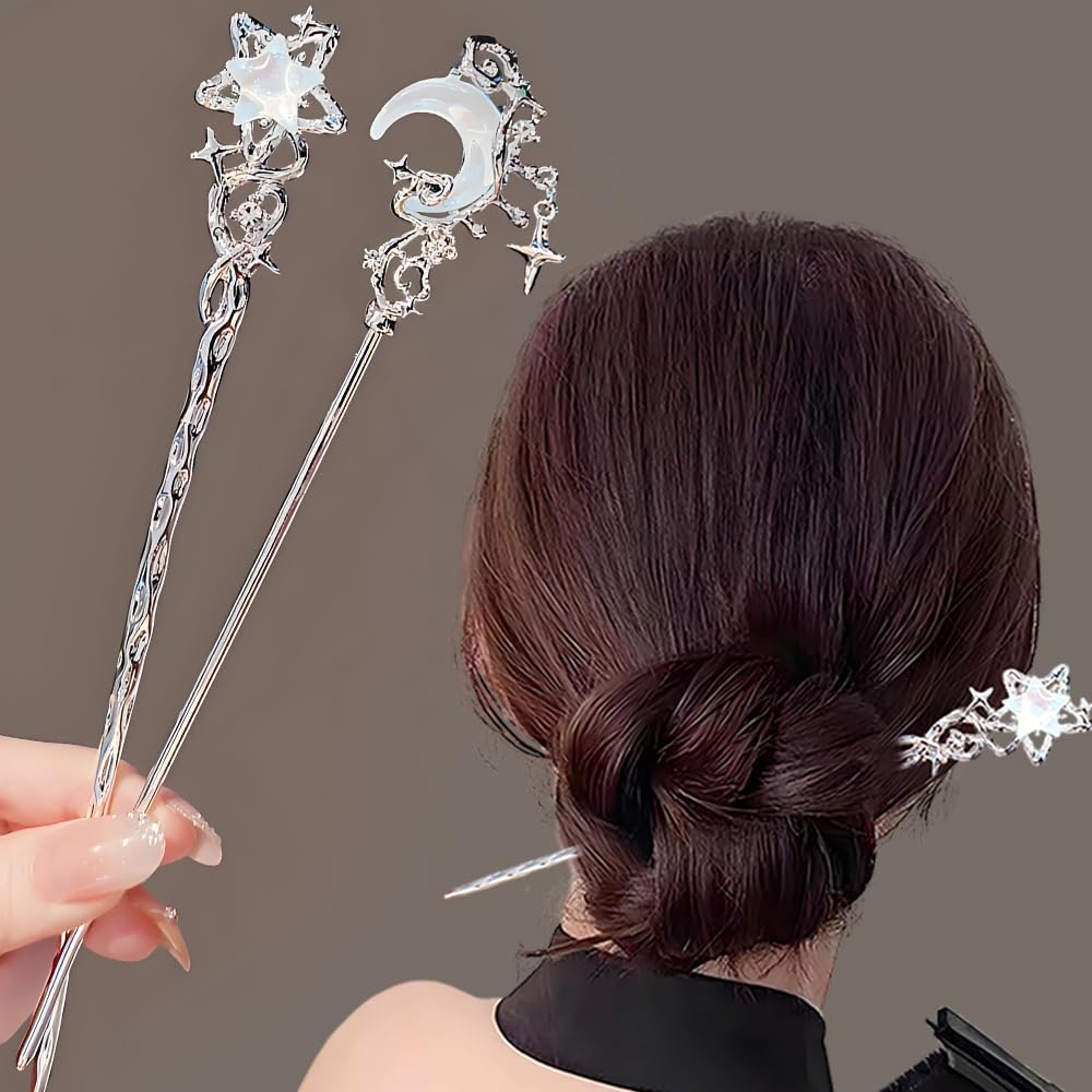 2pcs Star Moon Hair Sticks for Buns Long Hair Metal Silver Hair