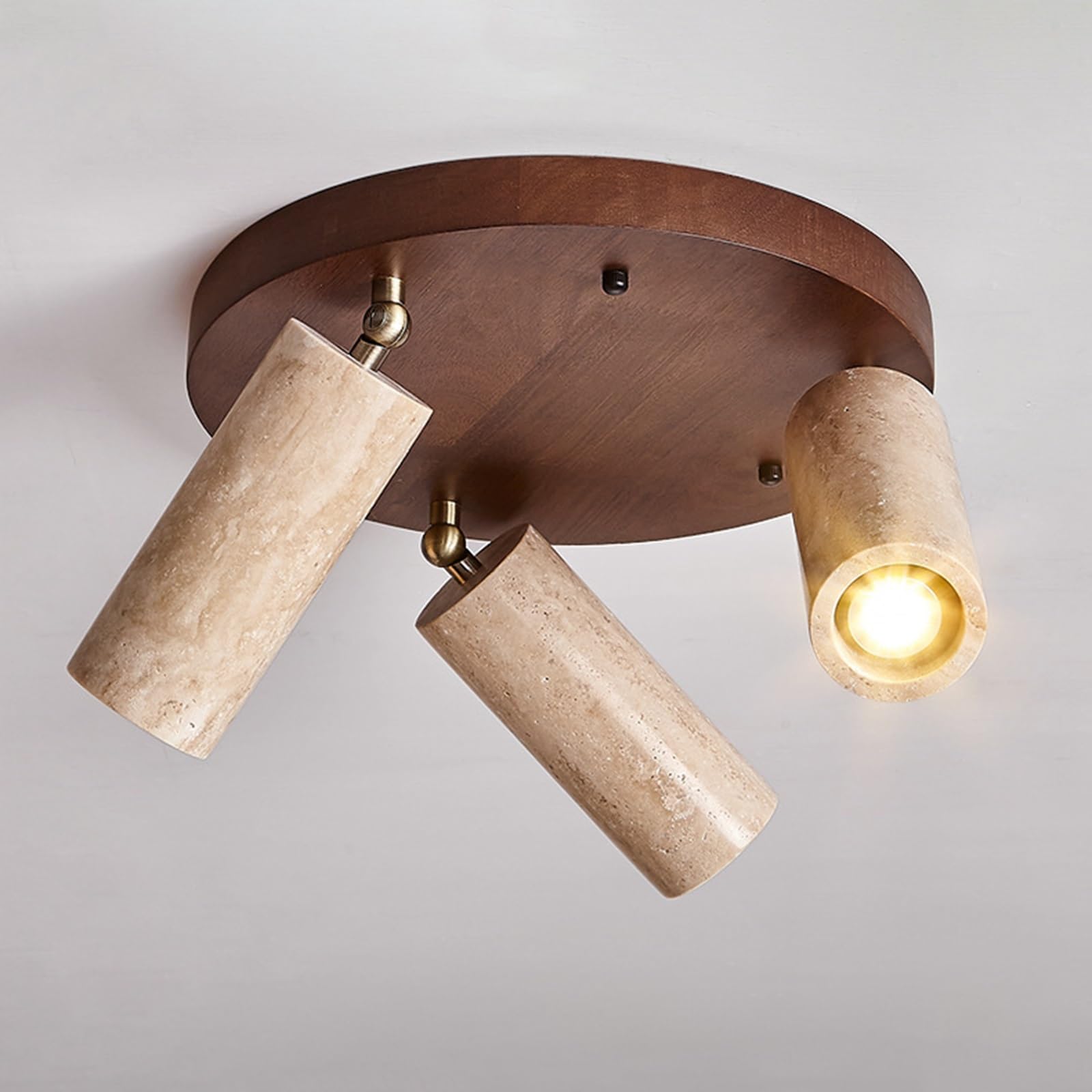 Yellow Travertine Ceiling Spotlight, 3-Head Adjustable Flush Mount Light Fixture with Round Wood Base, Track Ceiling Lamp with E27 Socket for Hallway Kitchen Bedroom Living Room(Walnut)