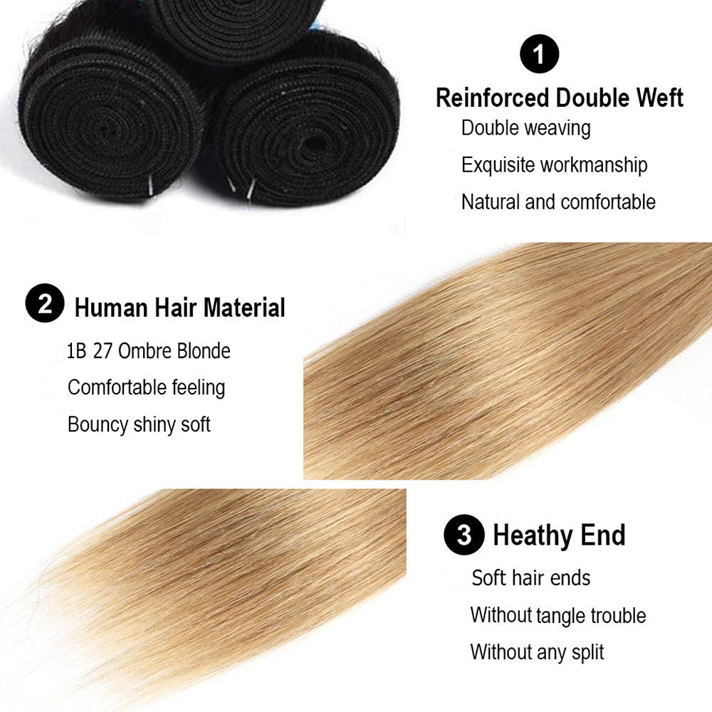 20 22 24 Inch Ombre Human Hair Bundles Blonde Straight Bundles Unprocessed Brazilian Virgin Hair Extensions 1B27 Straight Hair Weave