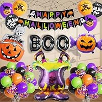 DBKL Halloween Balloons with Banner, 54Pcs Black Orange Purple Green Confetti Balloon Ghost Stove Candy Pumpkin BOO Foil Balloons for Halloween Party Decorations