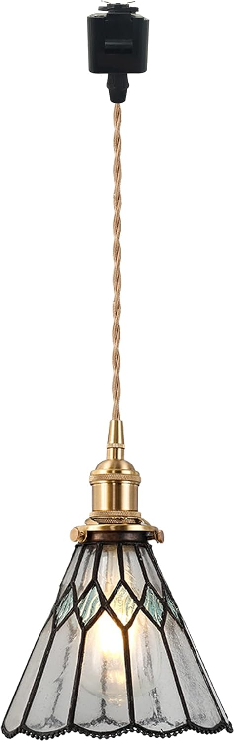 L-Type Track Lighting Pendants Restaurant Chandelier Cone Tiffany Glass Lampshade with Brass E26 Socket Lightolier Compatible Track Light Industrial Customizable Pendant Light,1 Light