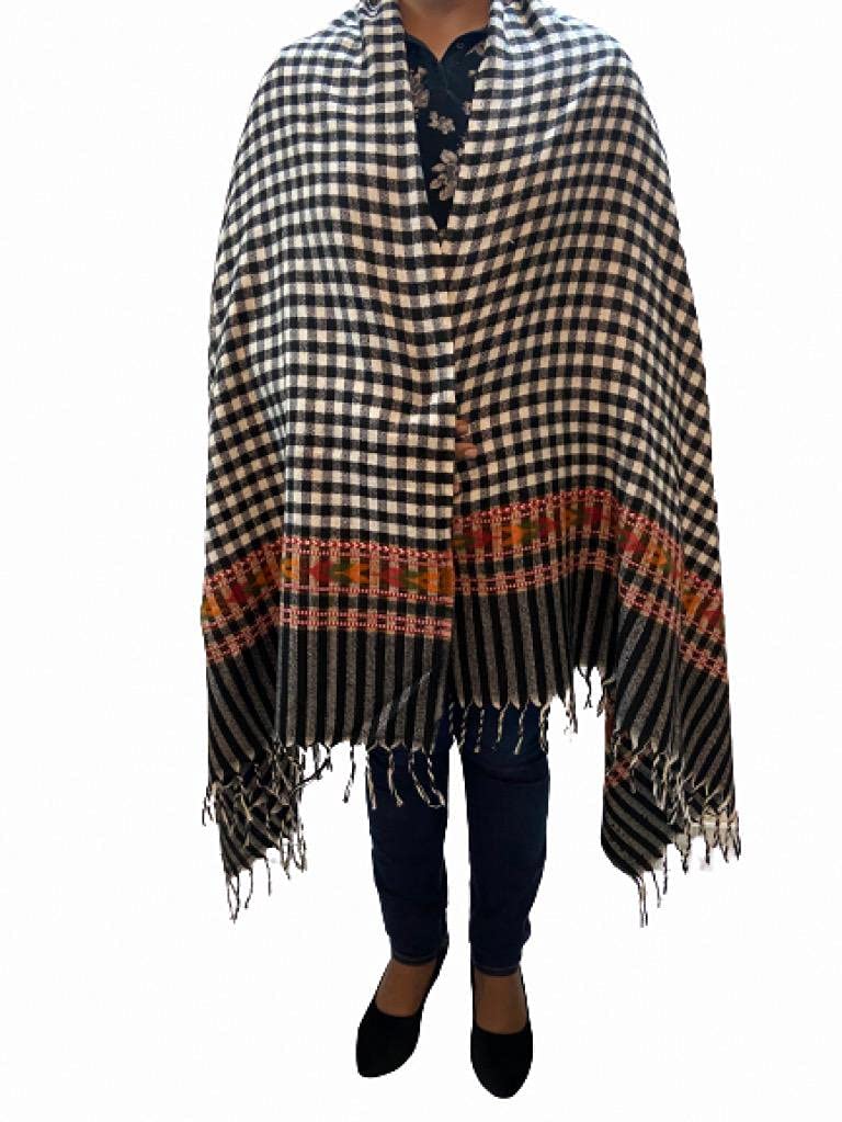 Black & Red and Black & Whait Check Kullu Shawl for Women'S Warm And Soft Check Shawl With Border Embroidery (Black & White)-image-14