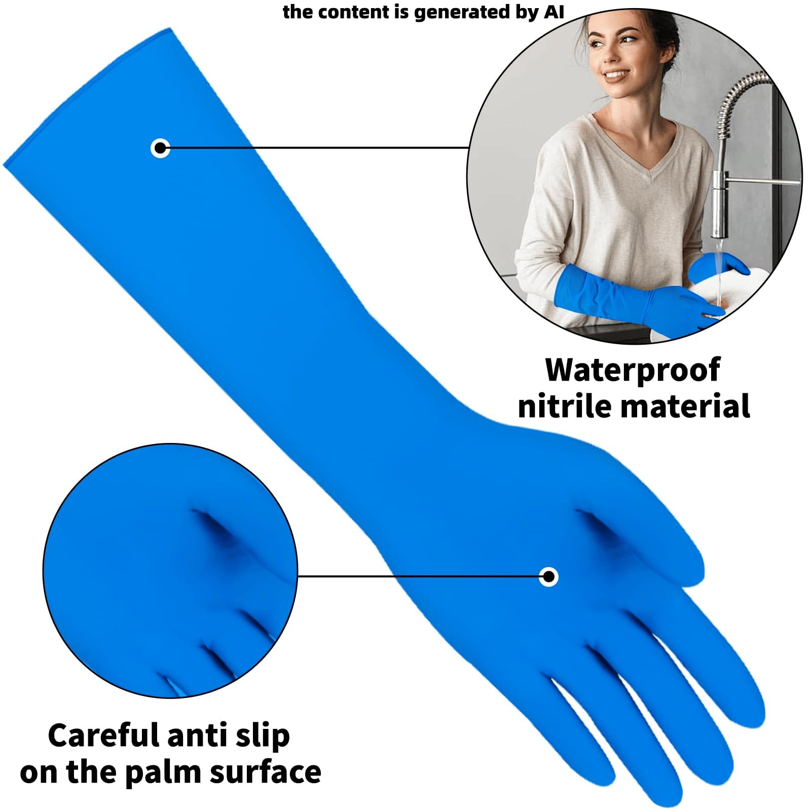 Einweghandschuhe, langlebig, Nitrilhandschuhe, lang, blau, Reinigung, Geschirrspülen, Arbeit, wasserdicht, ohne Latex, 38,1 cm, 30 Stück, Größe L (Blau, 30 Stück, L)