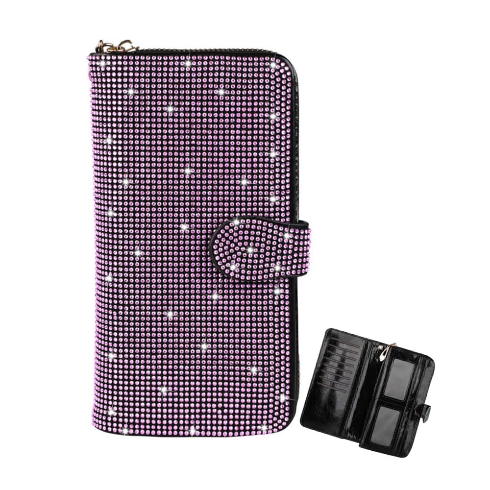 HOUQIXINXIU Bling Rhinestone Wallets for Women,Faux Leather Credit Card Holder with Zipper,Foldable Large Capacity Card Wallet,Pink-Big