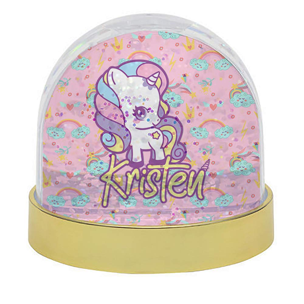 Getagift Personalised Baby Unicorn Rainbow Cloud pattern ANY NAME Birthday Kid/Girl/Boy Gift Present idea Snow Globe Dome Glitter Shaker. (Gold)