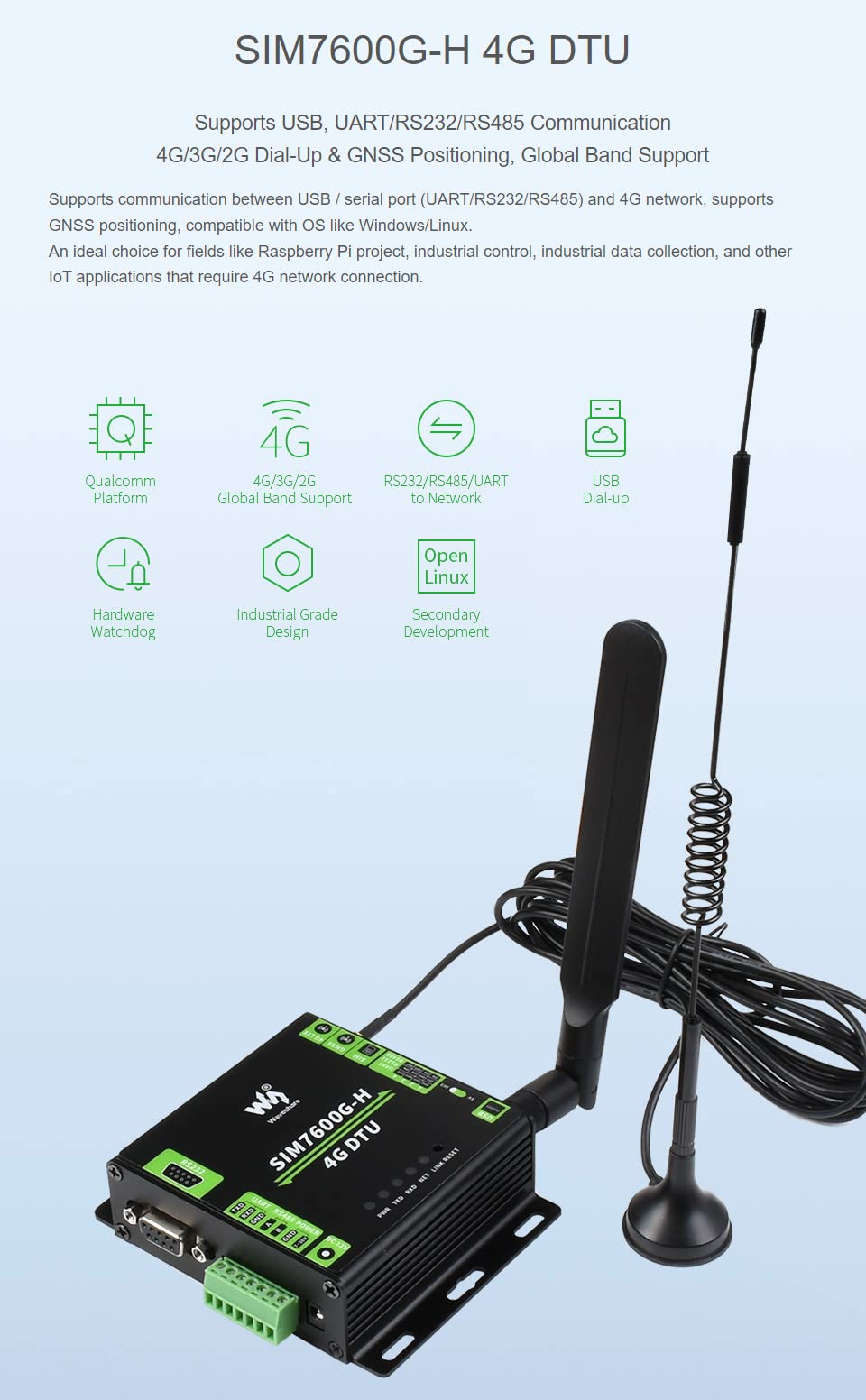 Waveshare Industrial Grade SIM7600G-H 4G DTU USB UART/RS232/RS485 Multi Interfaces Communication LTE Global Band Support - 3
