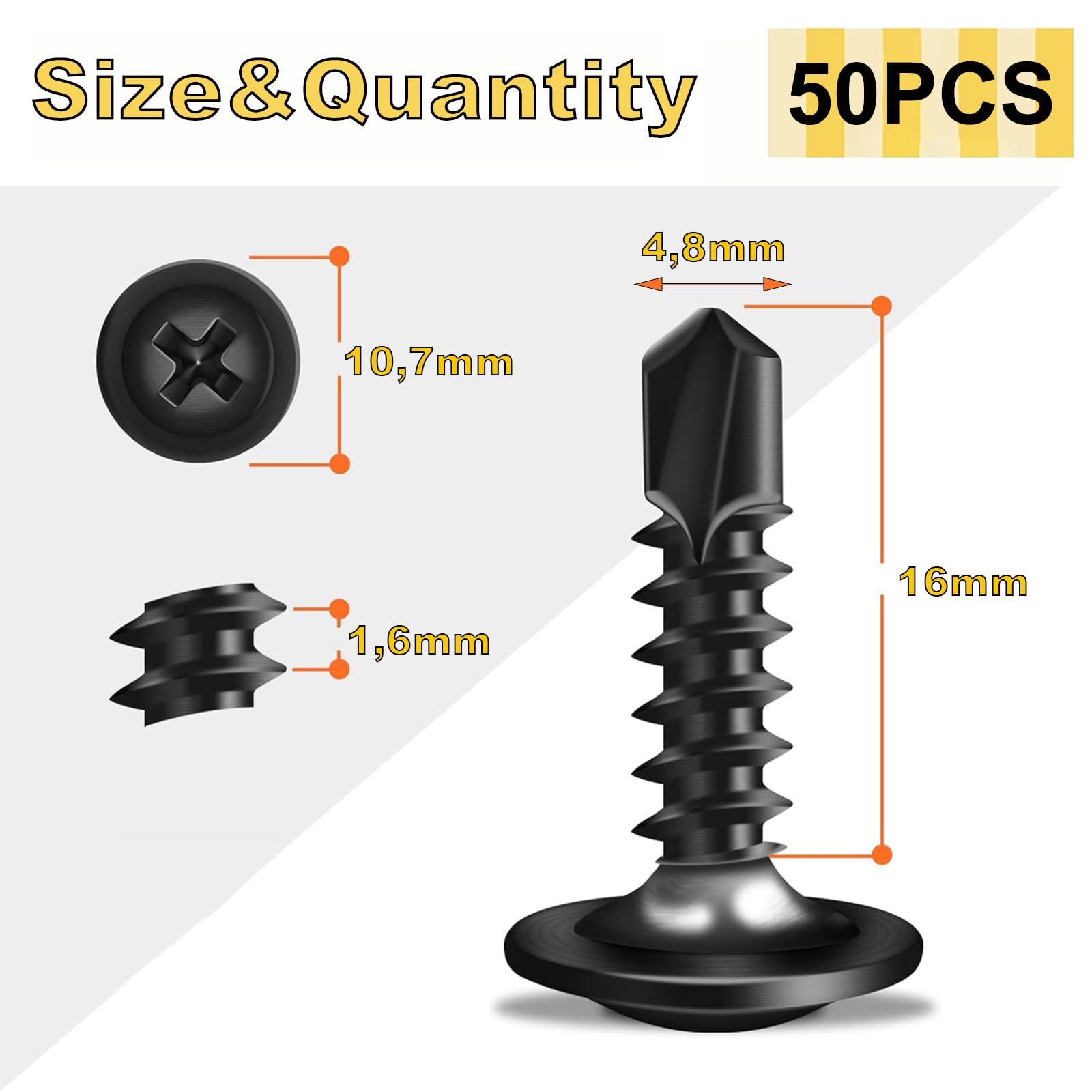 Wavanta 50Pcs Self Tapping Screws, M4.8 x 16mm Wafer Head Self Drilling Screws for Metal Stainless Steel Self Tapping Screw - Image 2