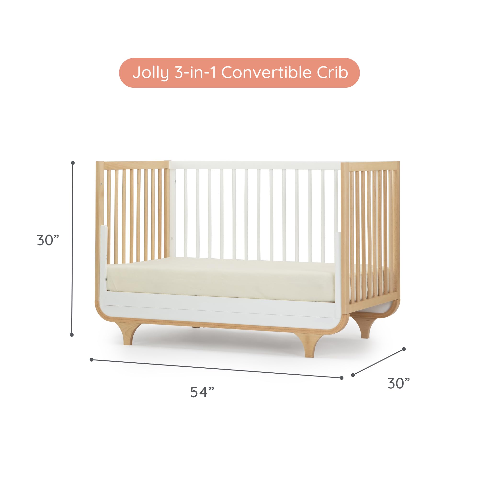 dadada Baby Jolly 3-in-1 Convertible Crib to Toddler Bed – Modern Wooden Crib Made in Italy, GREENGUARD Gold Certified Small Baby Crib