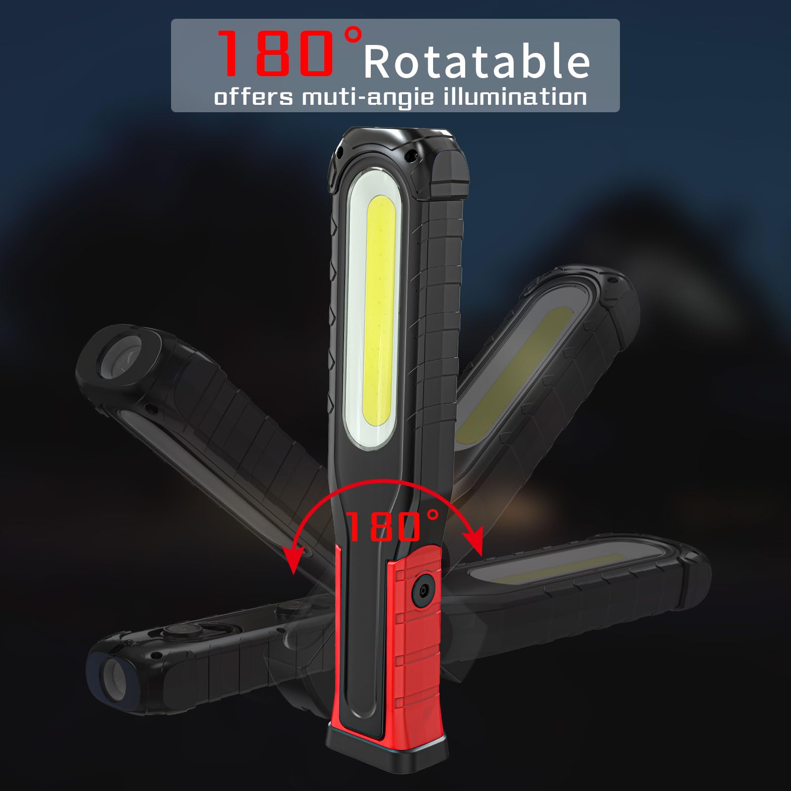 Lampe de Travail Rechargeable Puissante, 6000 mAh Lampe d'inspection avec Fonction Pivotante Pied Magnétique et Crochets, 5 Modes Lampe Mecanicien pour Garage Camping