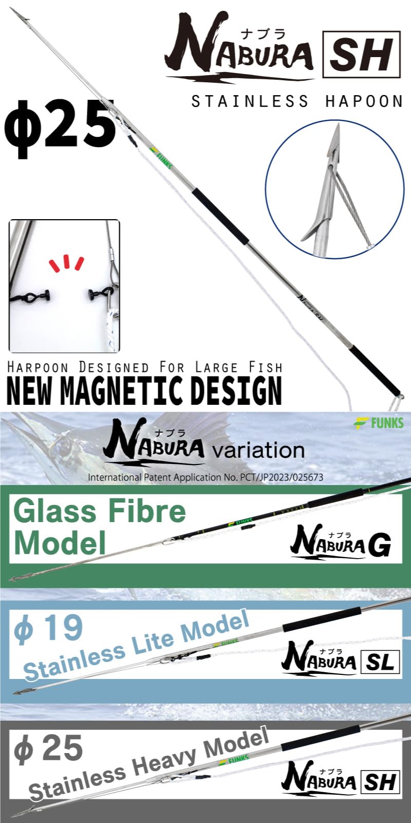 FUNKS NABURA SH Harpoon for Fishing Tuna Large Fish Marlin Halibut Fish Spear Magnet Stainless Steel Heavy Duty