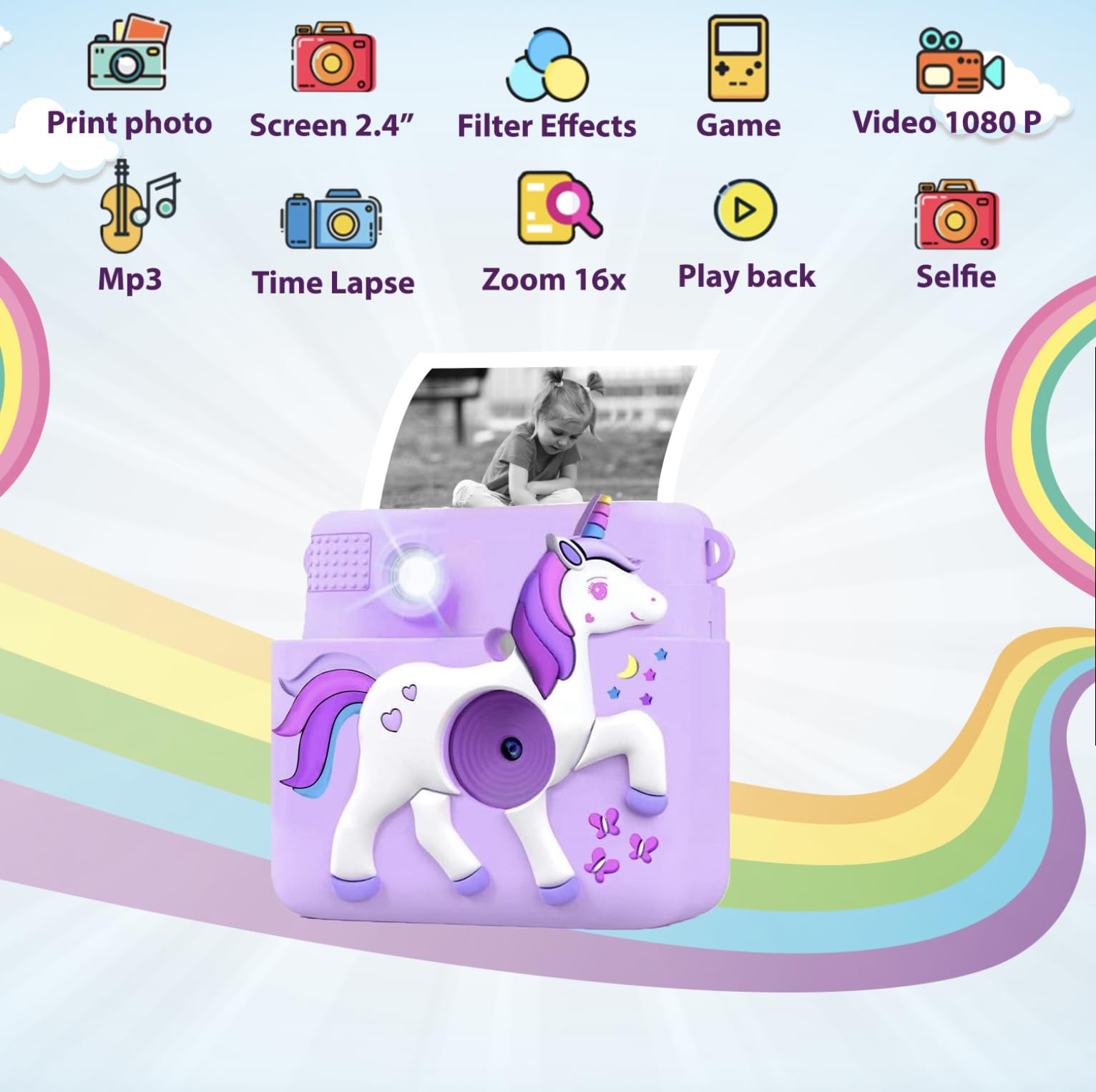 Appareil Photo Instantané Enfant FUNKAM - 2.4" HD - Impression Noir Et Blanc - Cadeau 3-14 Ans