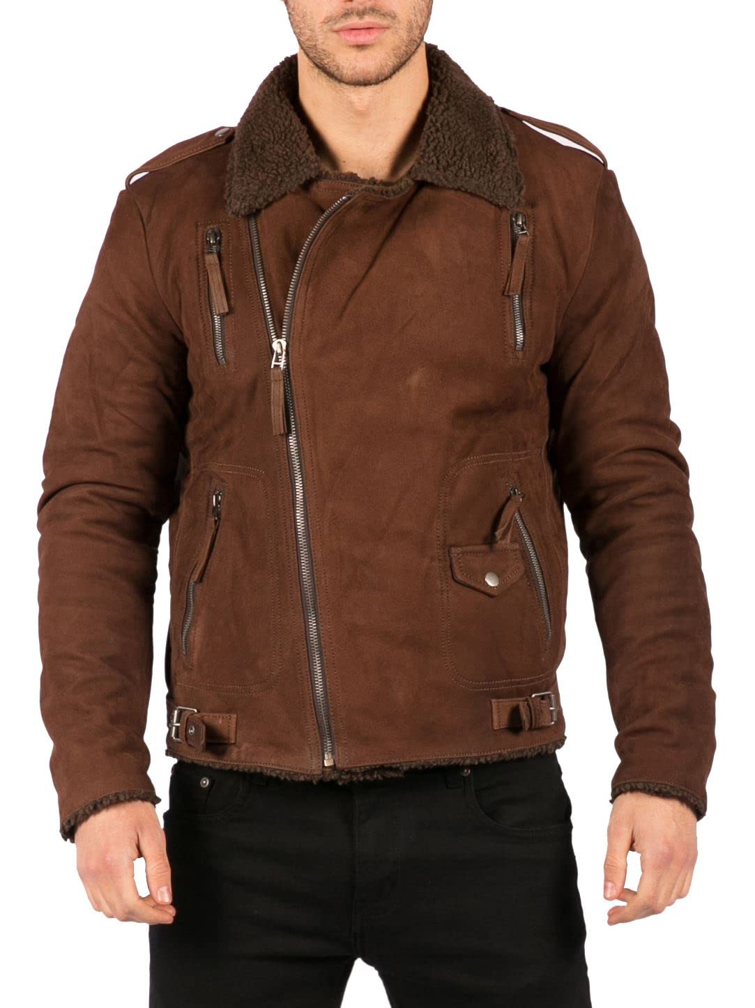 Truclothing Men's Brown Biker Jacket Outwear Windproof Real Suede Leather Jackets Coat Fleece - M