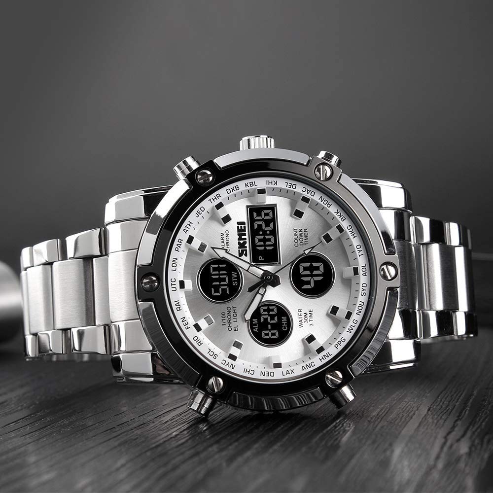 MASTOP Reloj de pulsera analógico digital de acero inoxidable de lujo, resistente al agua hasta 50 m, doble pantalla, doble hora, cuarzo, multifuncional, con cronómetro, alarma, retroiluminación LED