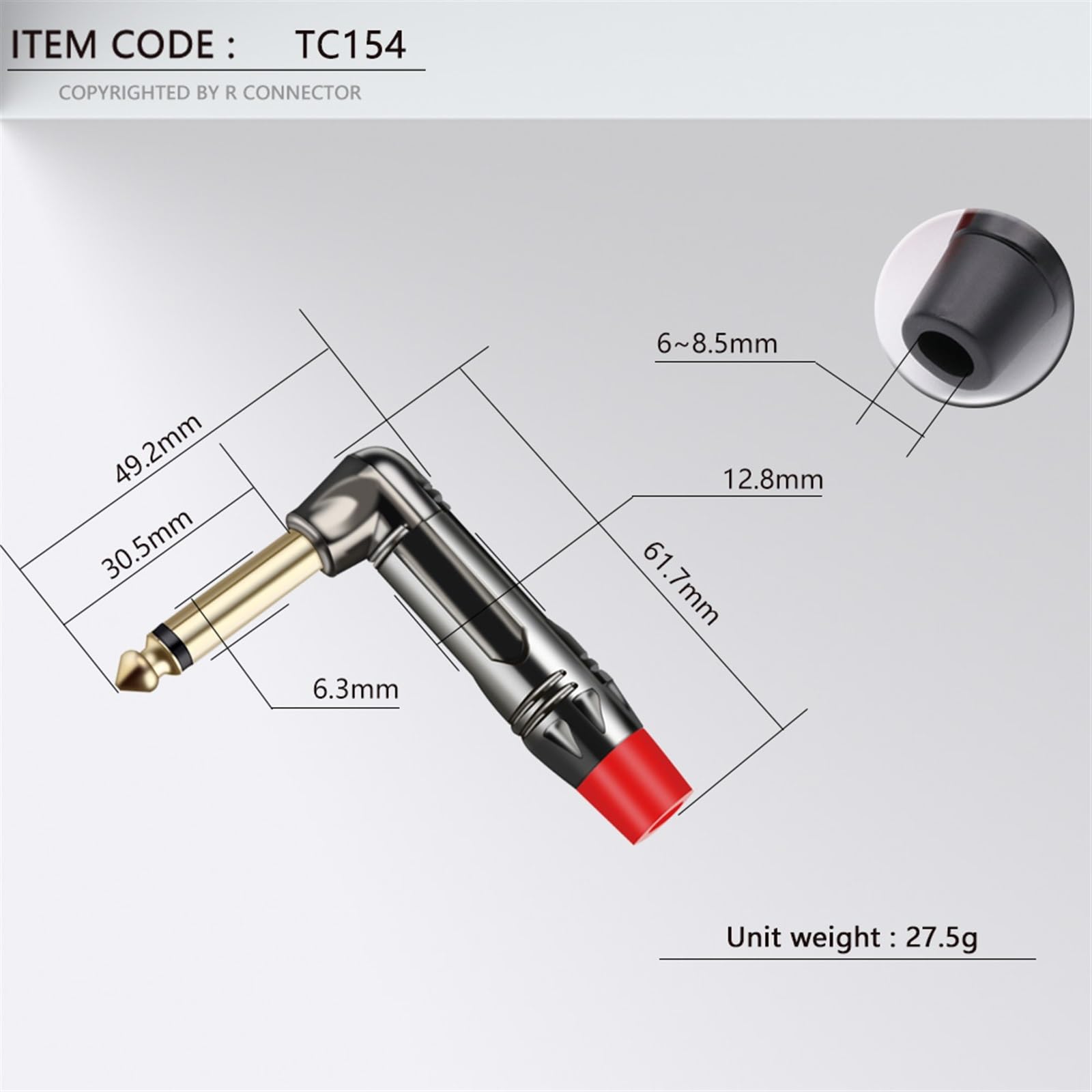 10 jack mono da 6,35 mm ad angolo retto da 6,3 mm, connettore maschio da 1/4", presa microfono (5 x nero, 5 x rosso)
