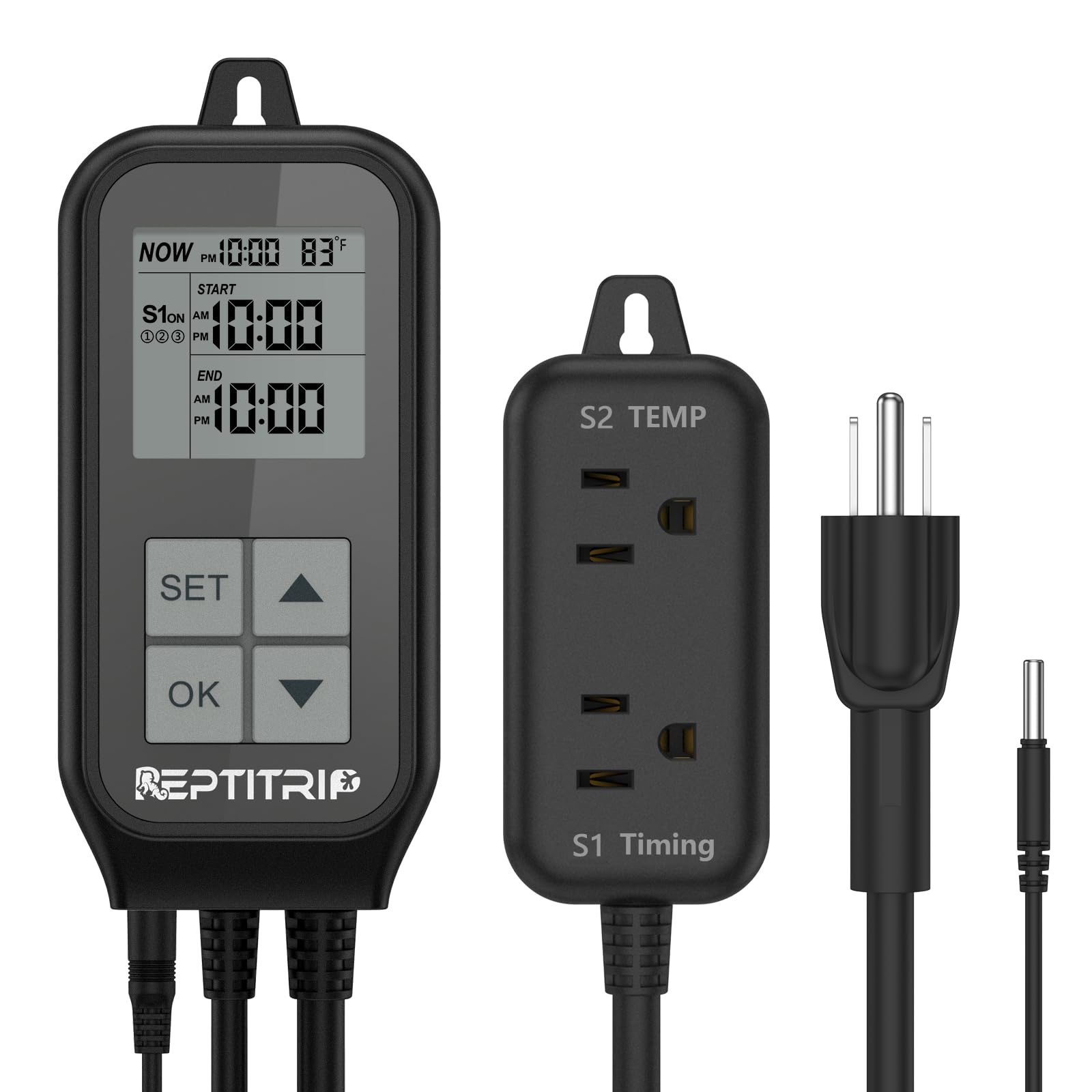 REPTITRIP Reptile Thermostat, Light Timer for Temperature and Lighting Control, Day-Night Timer Thermostat with Reptile Thermometer for UVB Light, Heat Lamp, Heating Pad, 10A 1250w