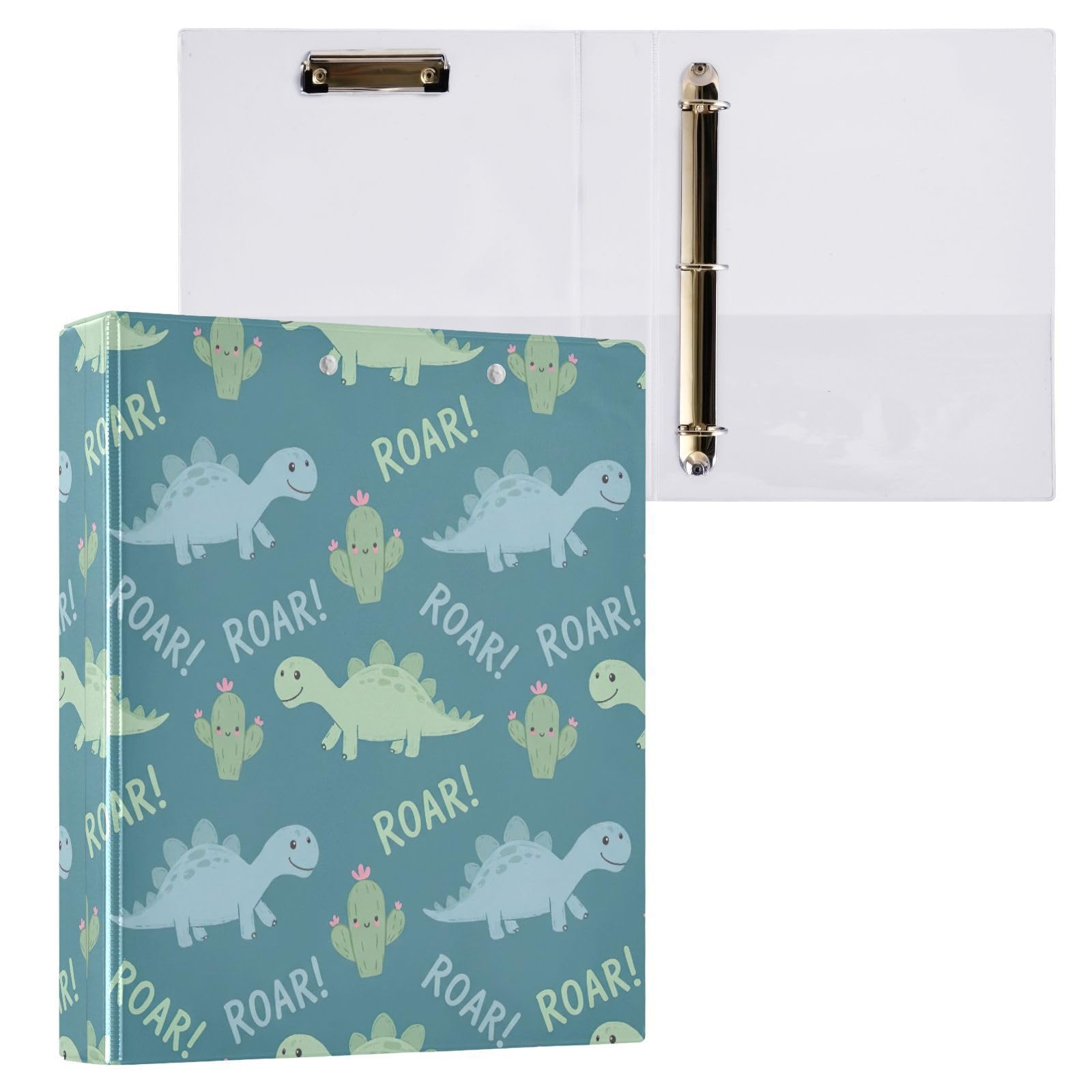 Raccoglitore a tre anelli flessibile con tasche, motivo dinosauro, cactus, color foglia di tè, confezione da 2