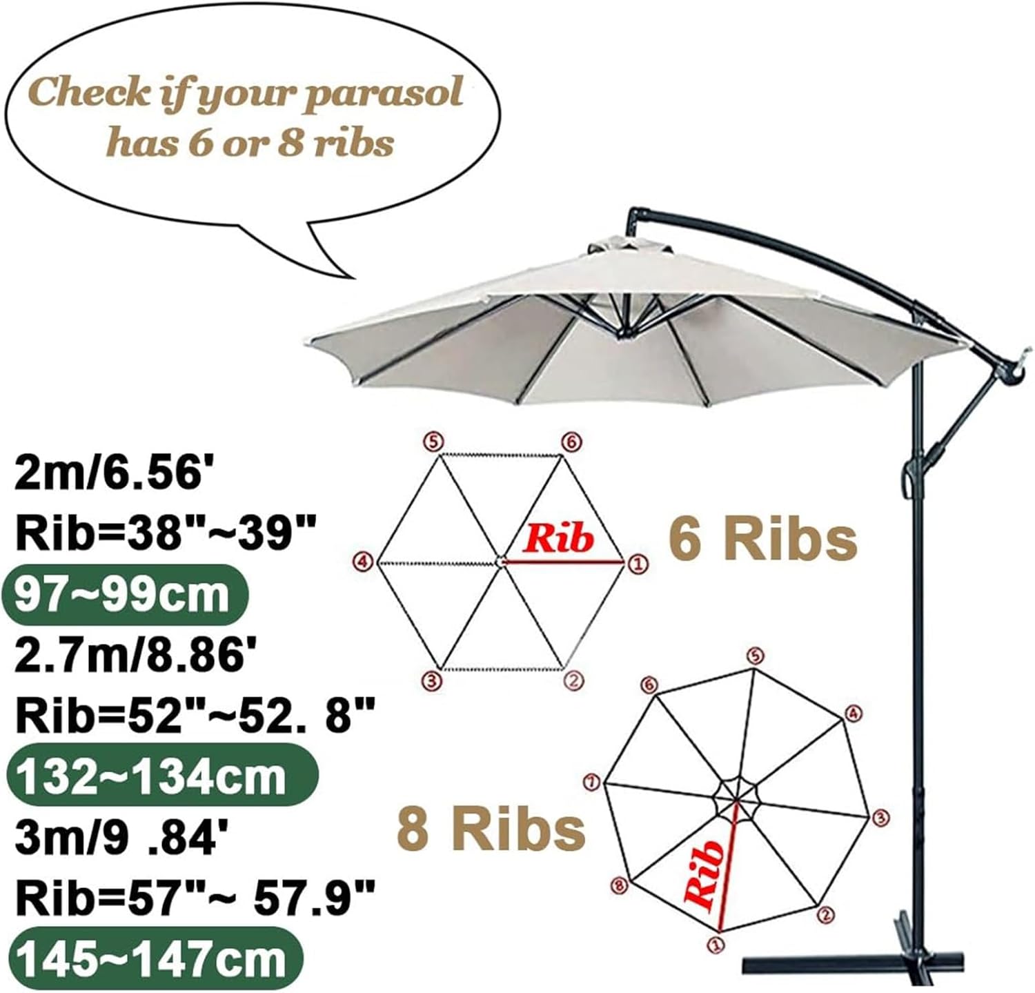 Sun Umbrella Replacement Cloth, Replacement Parasol Fabric Cover, 6 8 Ribs Anti-Ultraviolet Patio Sun Umbrella Replacement Cloth, Garden Parasol Umbrella Polyester Canopy(K,2.7m 8ribs)