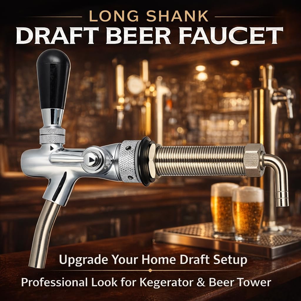 Adjustable Draft Beer Faucet with Long Shank, G5/8 Stainless Steel Beer Tower Faucet Replacement for Kegerator, Homebrew Keg System, Home Bar Tap
