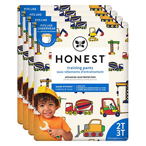 The Honest Company Toddler Training Pants, Construction Zone, 2T/3T, Eco-Friendly, Underwear-Like Fit, Stretchy Waistband & Tearaway Sides, 26 Count (Pack of 4)