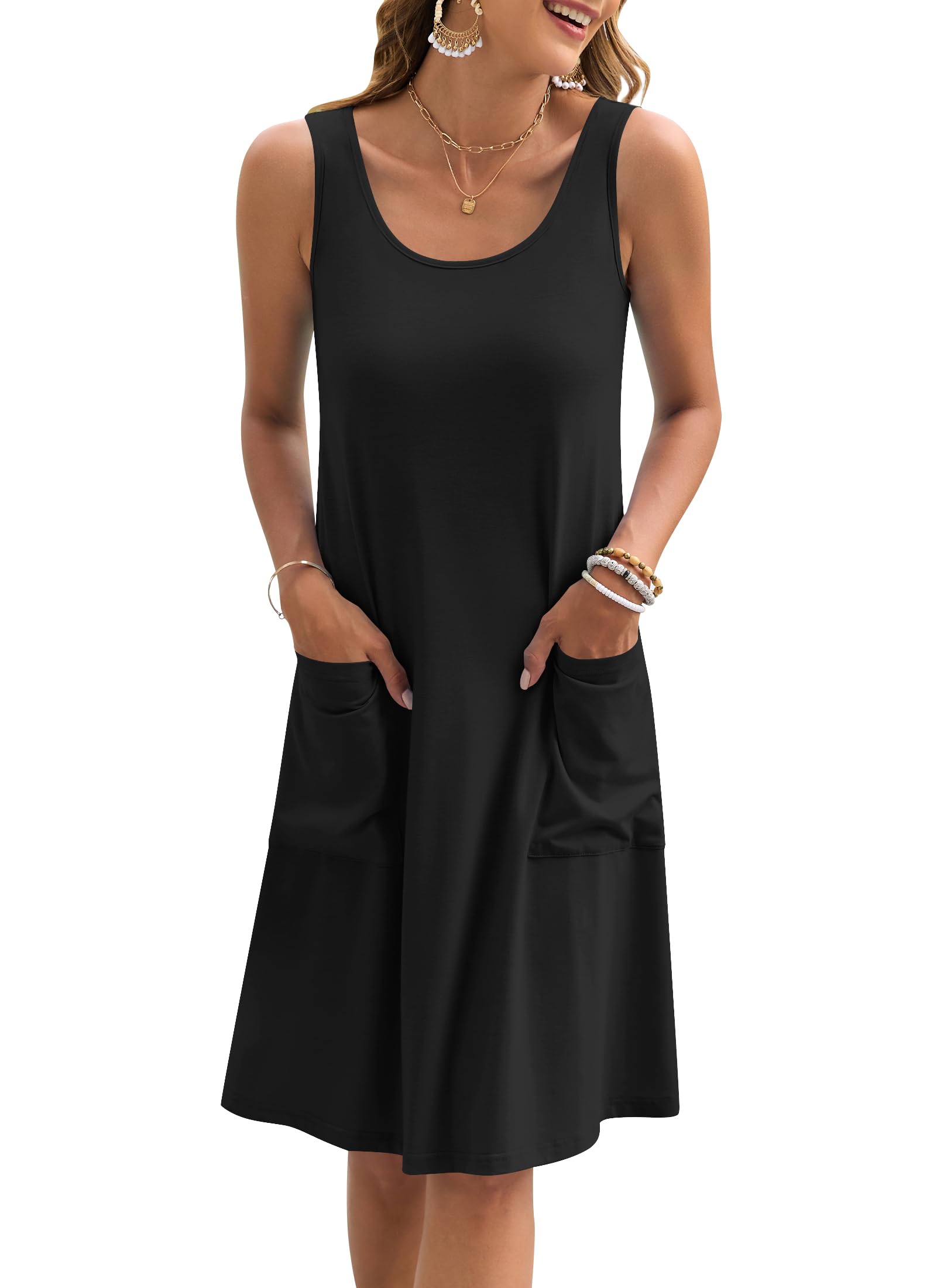 AUSELILY Vestito Estivo da Donna Senza Maniche, Midi Casual da Spiaggia Leggero con Tasche