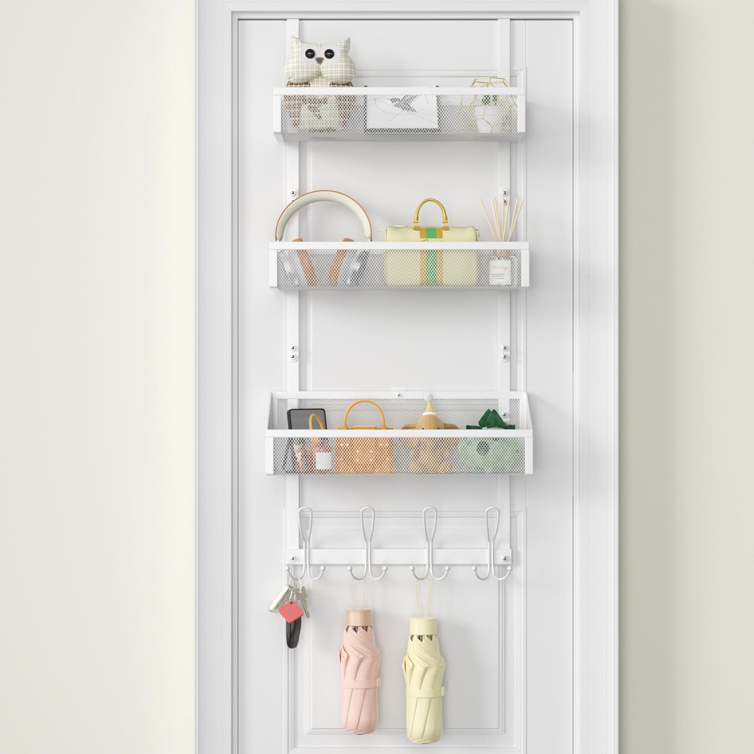 Over The Door Shower Caddy, Over The Door Hook Organizer with 12 Hooks & 3 Mesh Baskets – Space-Saving Towel Rack & Storage Hanger for Bathroom, Kitchen, Bedroom, No Drill Door Hooks, White