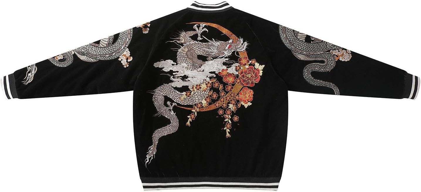 Velvet Dragon Embroidered Bomber Jacket Japanese Style Streetwear Casual Winter Windbreaker for Men Women