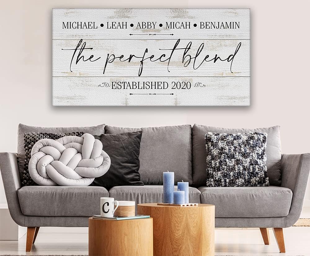 Personalized - The Perfect Blend - Farmhouse Family Wall Decor, Living Room Home Print, New Home Decorative Display, Customized Housewarming Gift Idea, 12x24 Wood Style Look Unframed Poster Paper