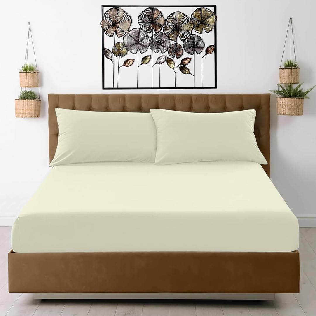 EGYPTO 16" Plain Dye Deep Fitted Sheet - 40cm Depth (Kingsize Bed, Cream)