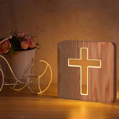 Luz nocturna para niños, lámpara 3D de madera de cruz creativa, luces decorativas simples, patrón de tallado de madera 3D, luz nocturna LED para