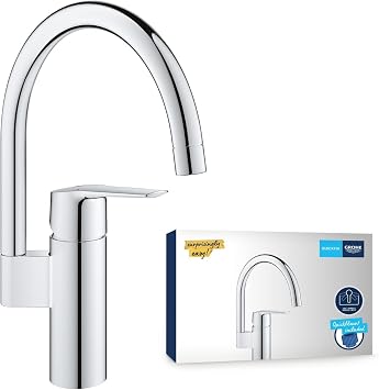 GROHE QUICKFIX Start   Kitchen Sink 1 Lever Mixer Tap High C-Spout, 150  Swivel Area, 1-Hole Installation, 35 mm Ceramic Cartridge, Tails 3/8 Inch, QuickMount Included, Size 339 mm, Chrome, 30469000