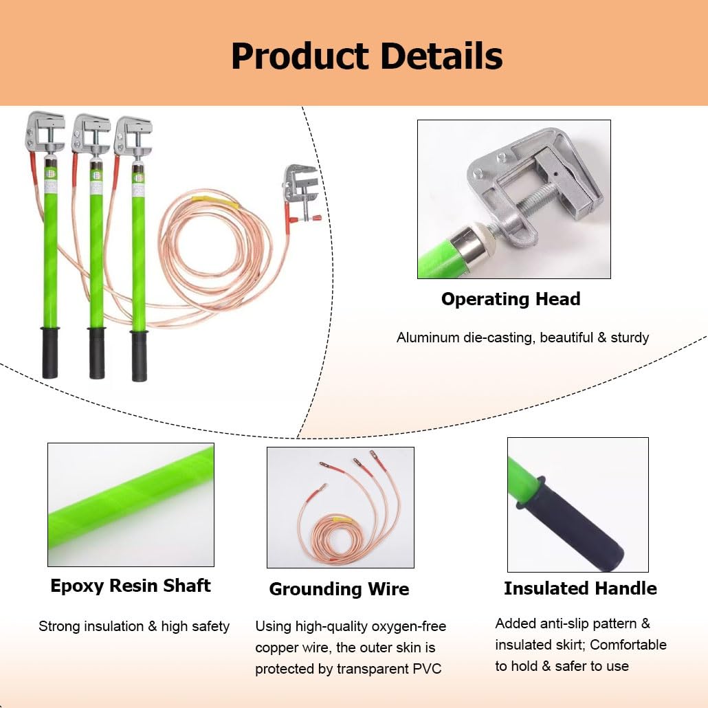 Genérico Cable de Puesta a Tierra de Alta tensión de 10 kV con 3 Varillas/Postes de Puesta a Tierra, Cable de Cobre Blando Transparente de 25 mm² para Salas de distribución eléctrica (Verde, 1,0