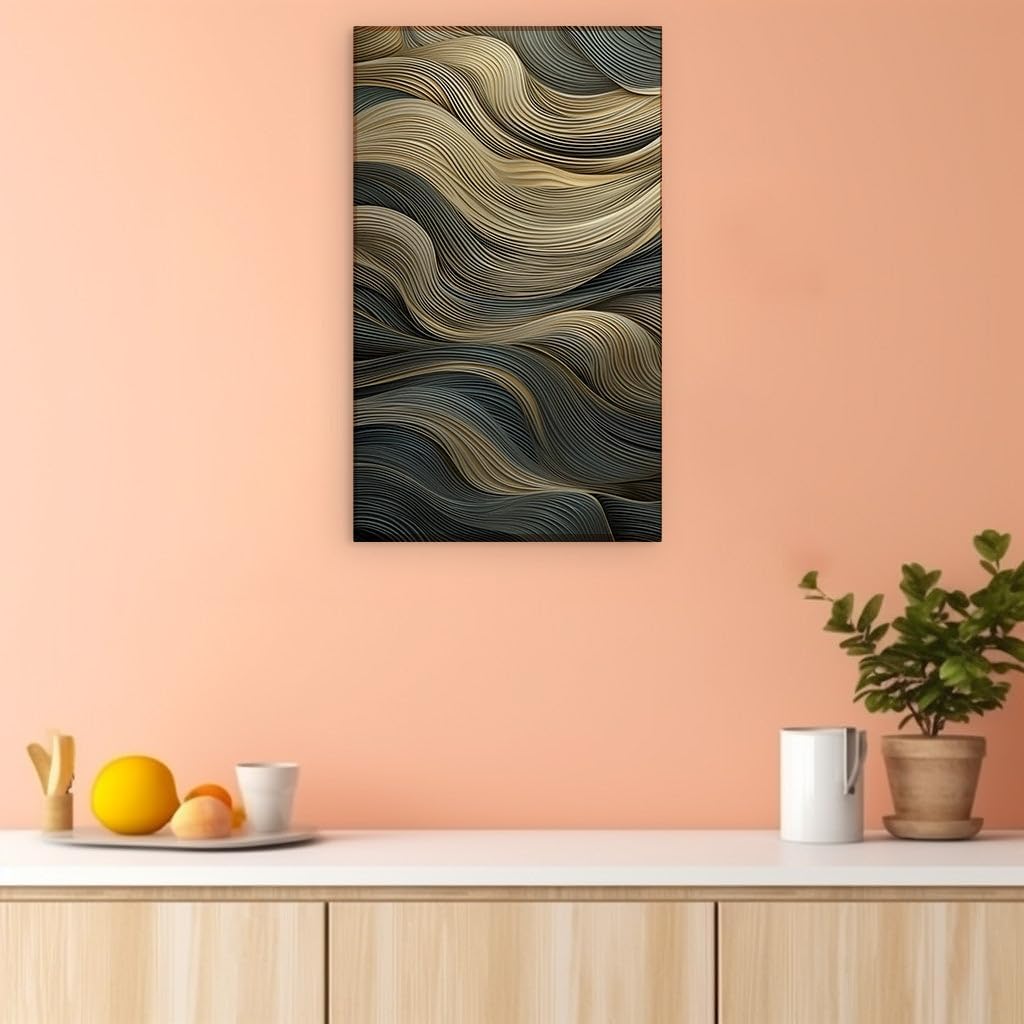 Canvas for Living room. Waves of Elegance: An Exploration of Gold, Grey, and Black in 3D Abstract Art, 27 x 18 inch Canvas Wall Art - Ready to Hang - 69x46 cm (27x18 inch)