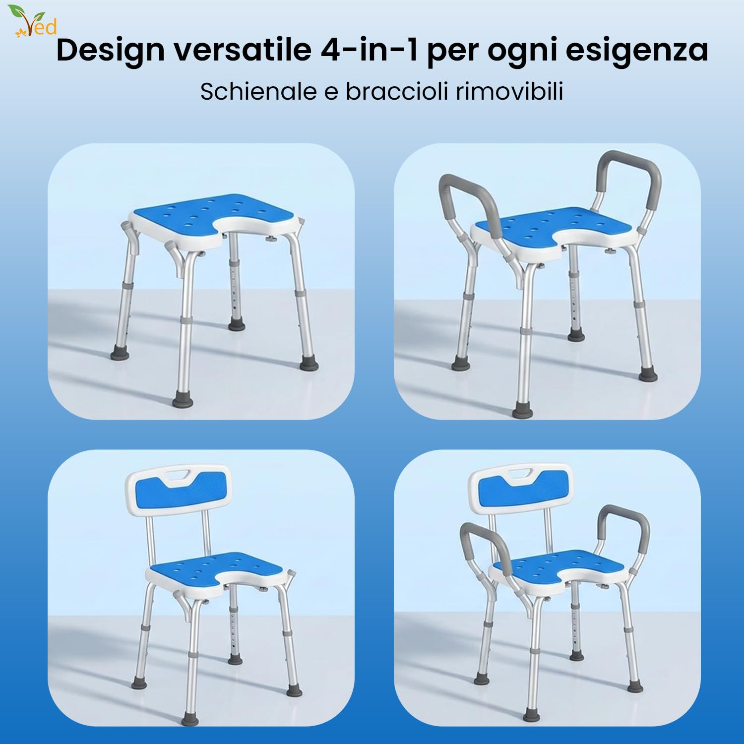 VED Sedia da Doccia a Forma di U con Braccioli e Schienale, Sgabello Regolabile in Altezza 6 Livelli, Antiscivolo per Anziani e Disabili, Capacità di Carico di 330 lb